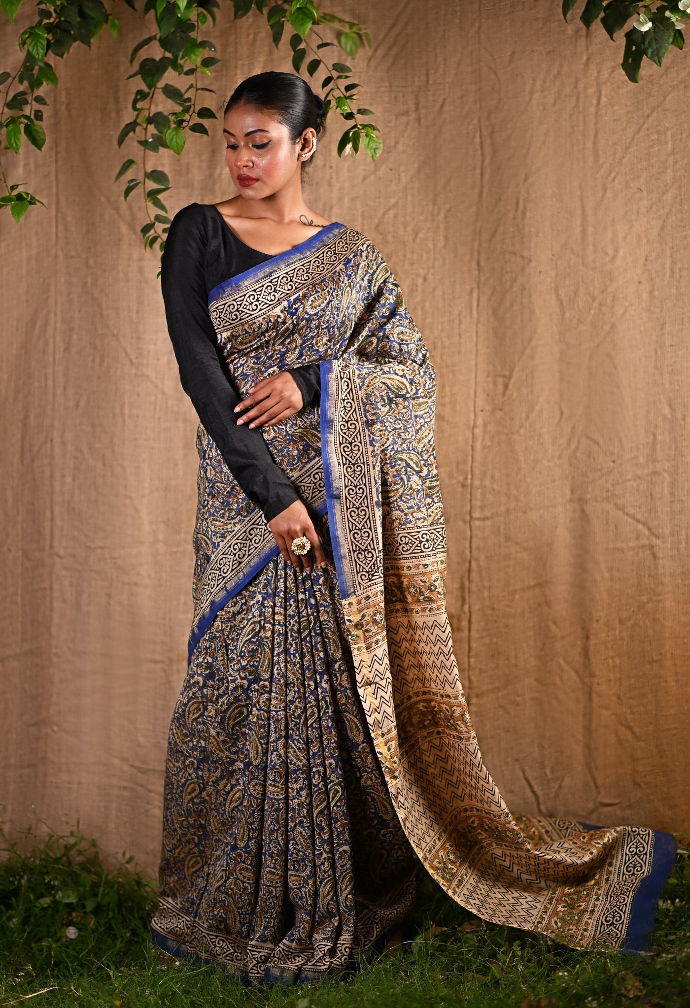 Blue Pure Bagru Printed Chanderi Sico Saree-UNM80772