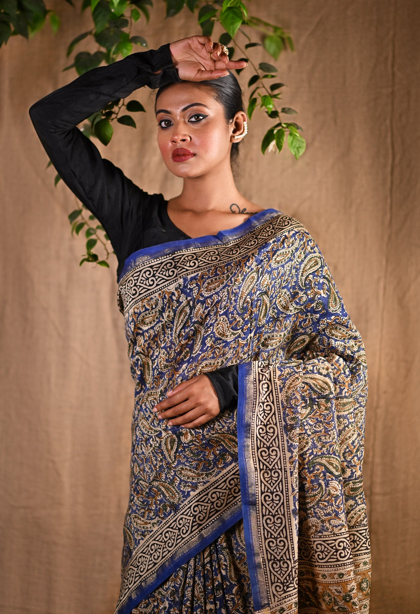 Blue Pure Bagru Printed Chanderi Sico Saree-UNM80772