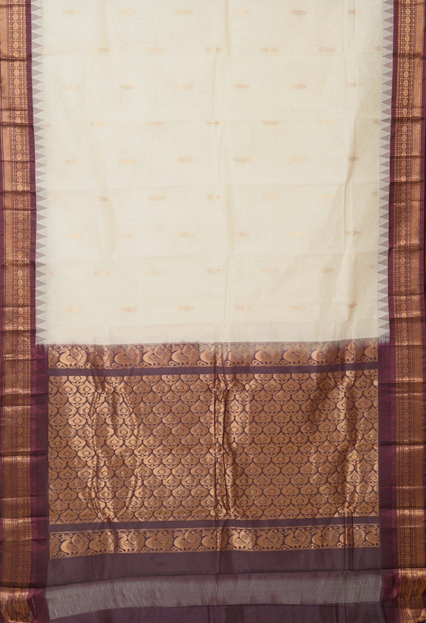 Ivory-Dark Brown Pure Handloom Gadwal Cotton Saree-UNM80789