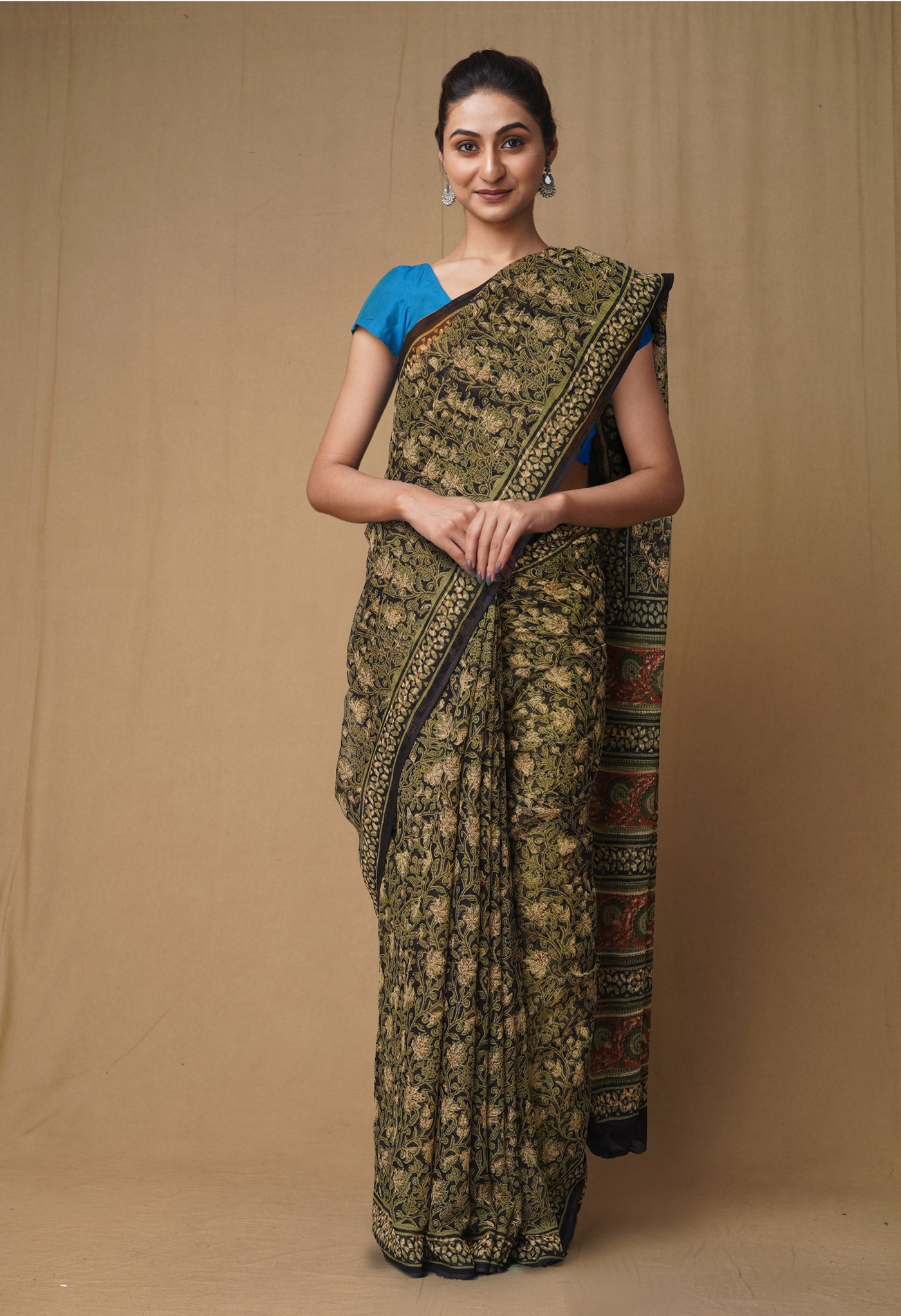 Black Pure Discharge Bagru Printed Kota Saree-UNM80790