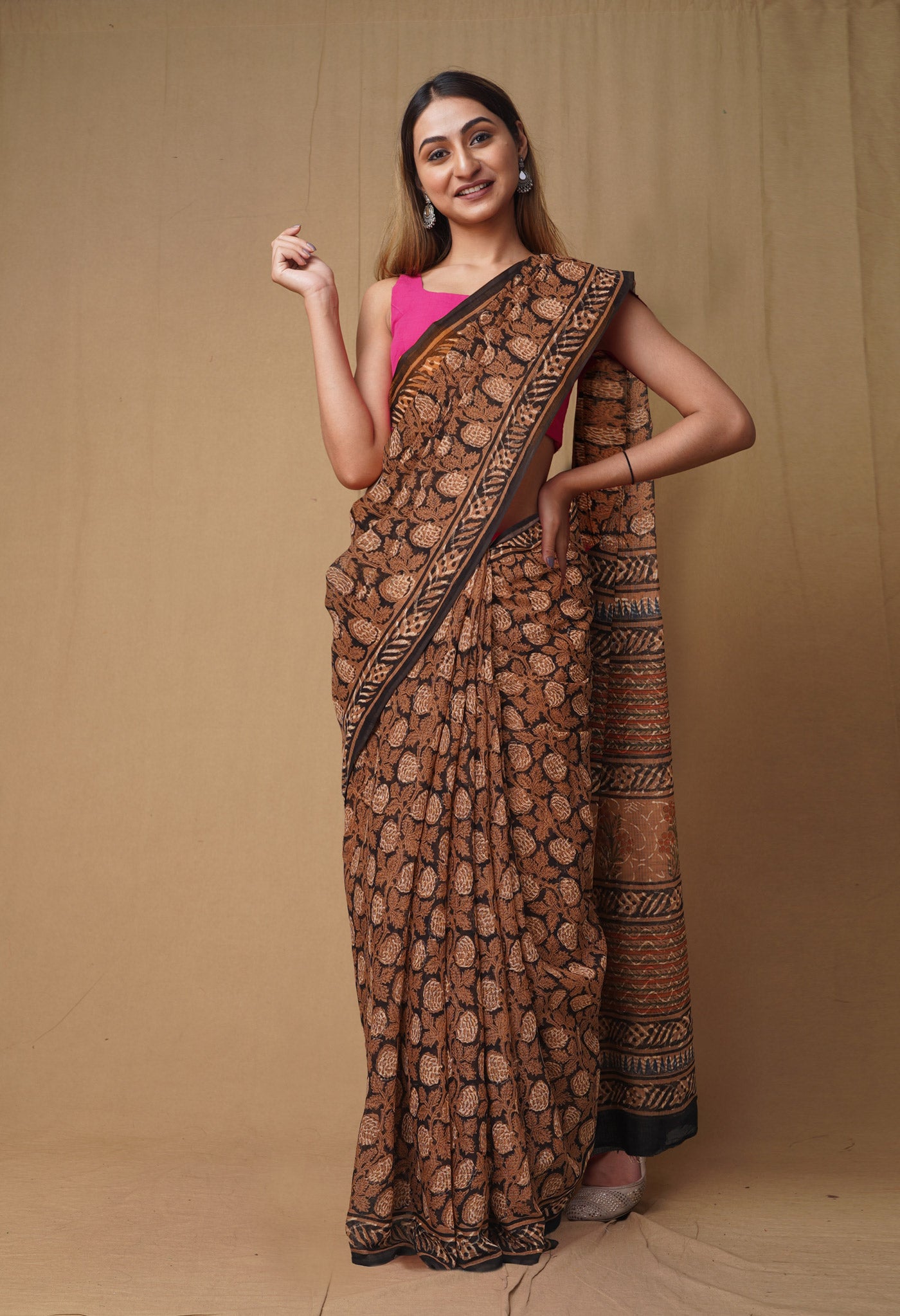 Black Pure Discharge Bagru Printed Kota Saree-UNM80792