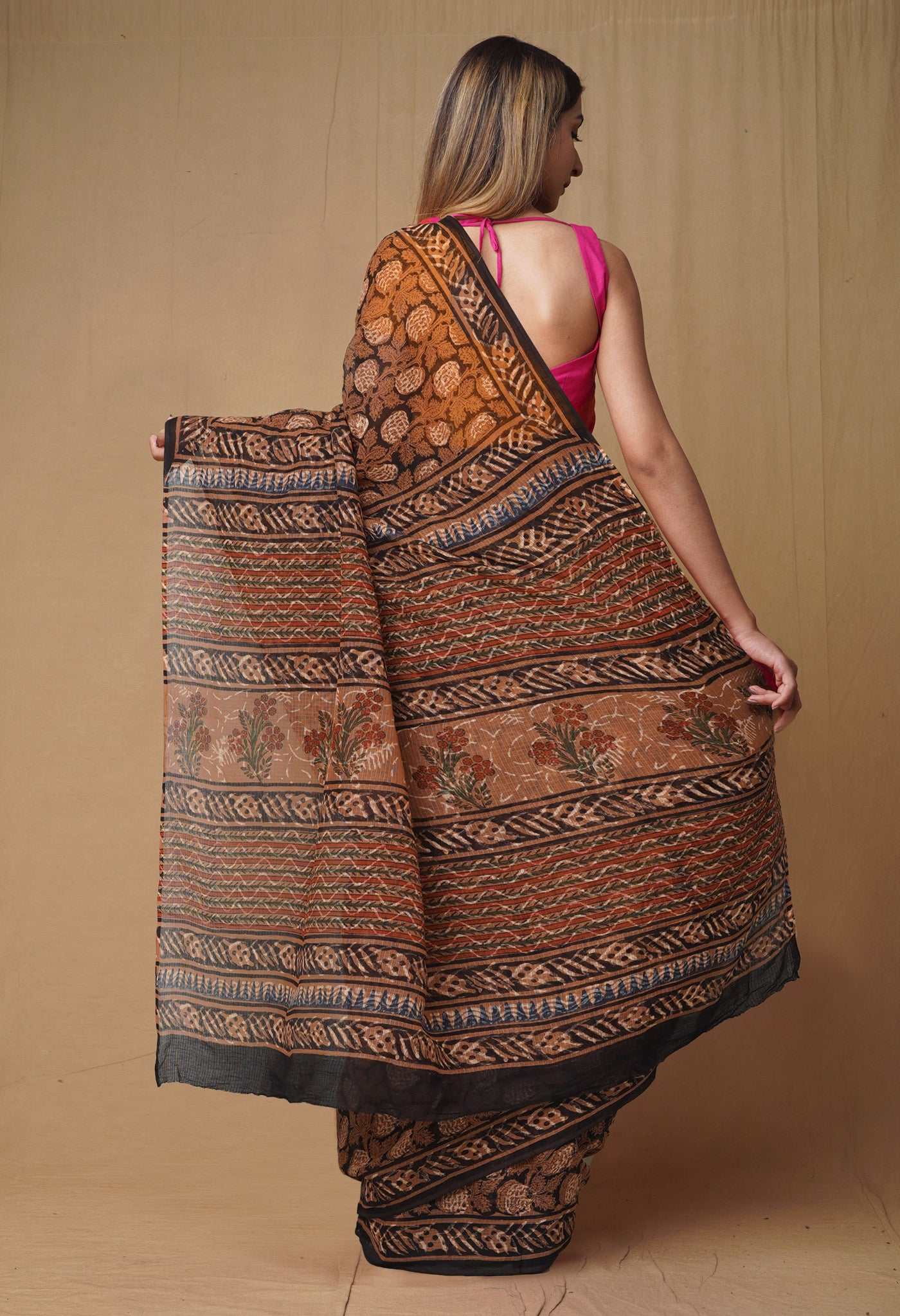 Black Pure Discharge Bagru Printed Kota Saree-UNM80792