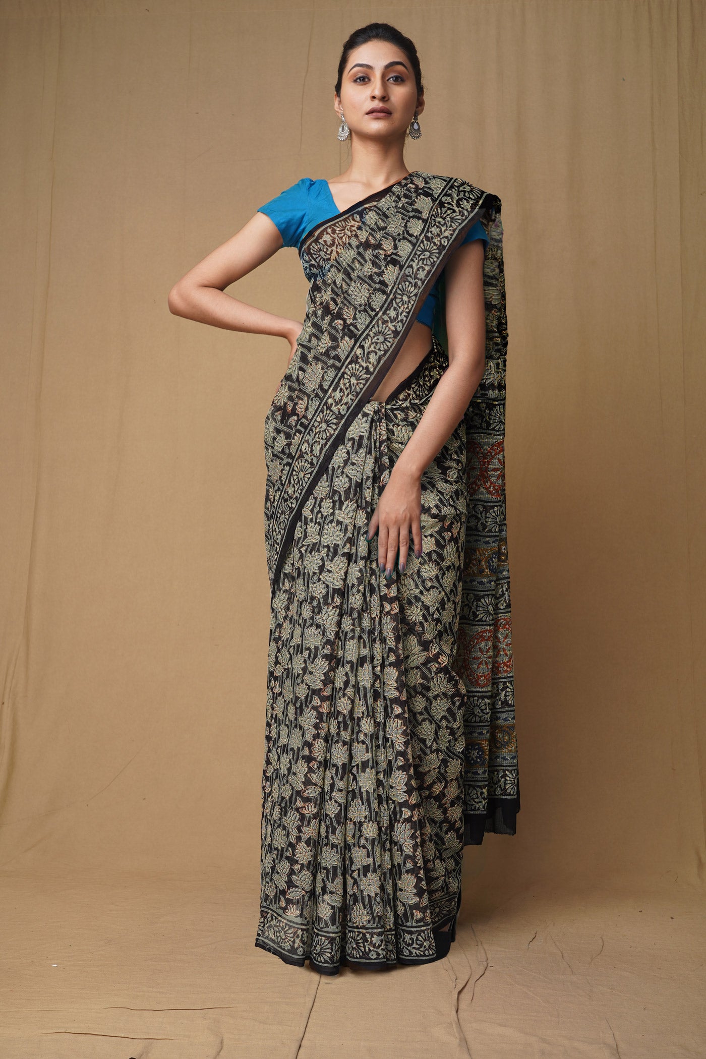 Black Pure Discharge Bagru Printed Kota Saree-UNM80794