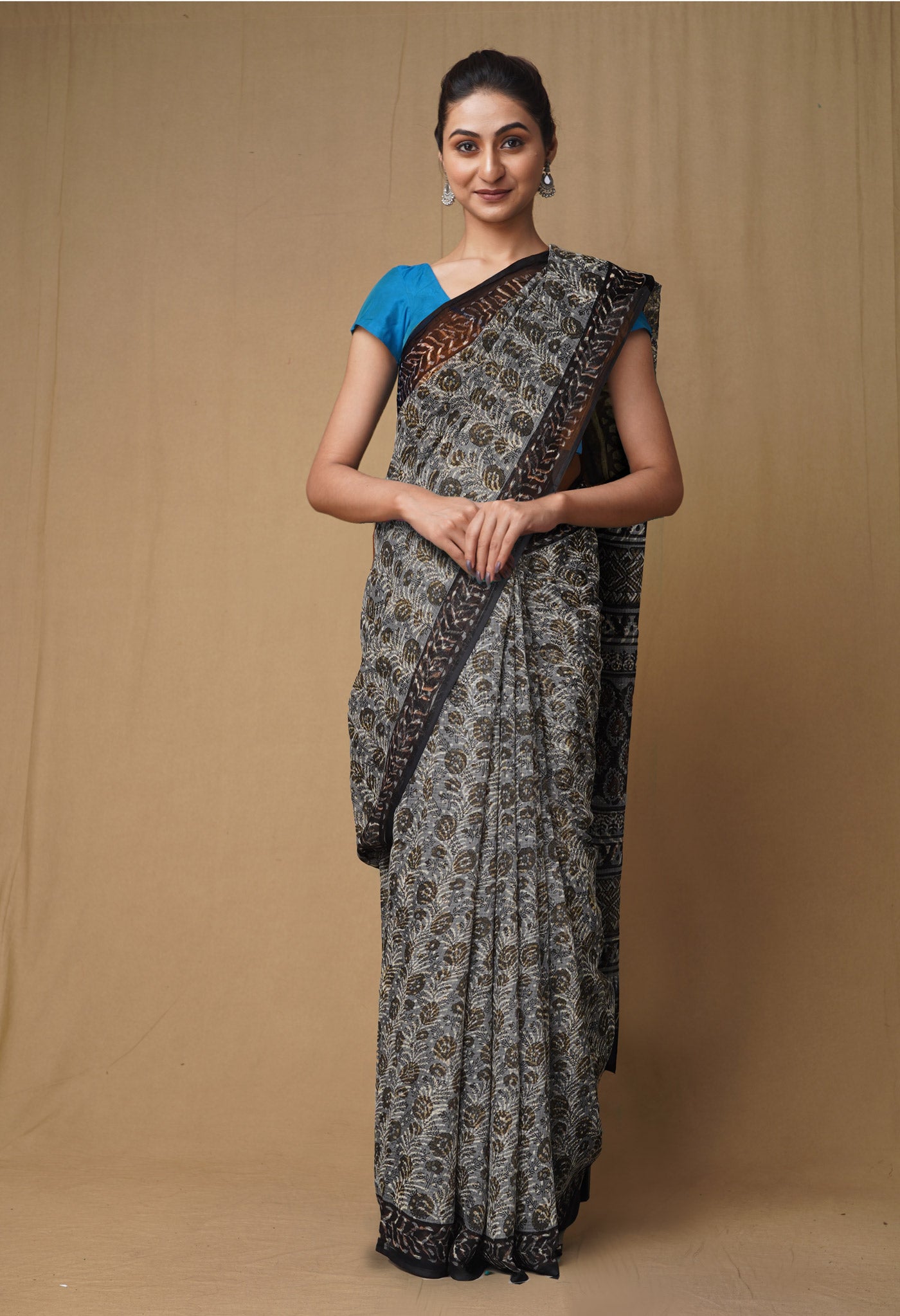 Grey Pure Discharge Bagru Printed Kota Saree-UNM80795