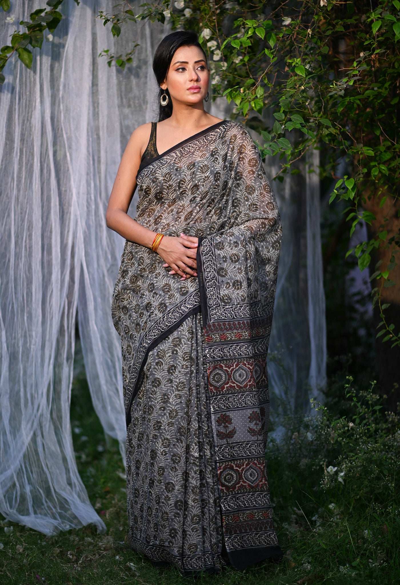 Grey Pure Discharge Bagru Printed Kota Saree-UNM80795