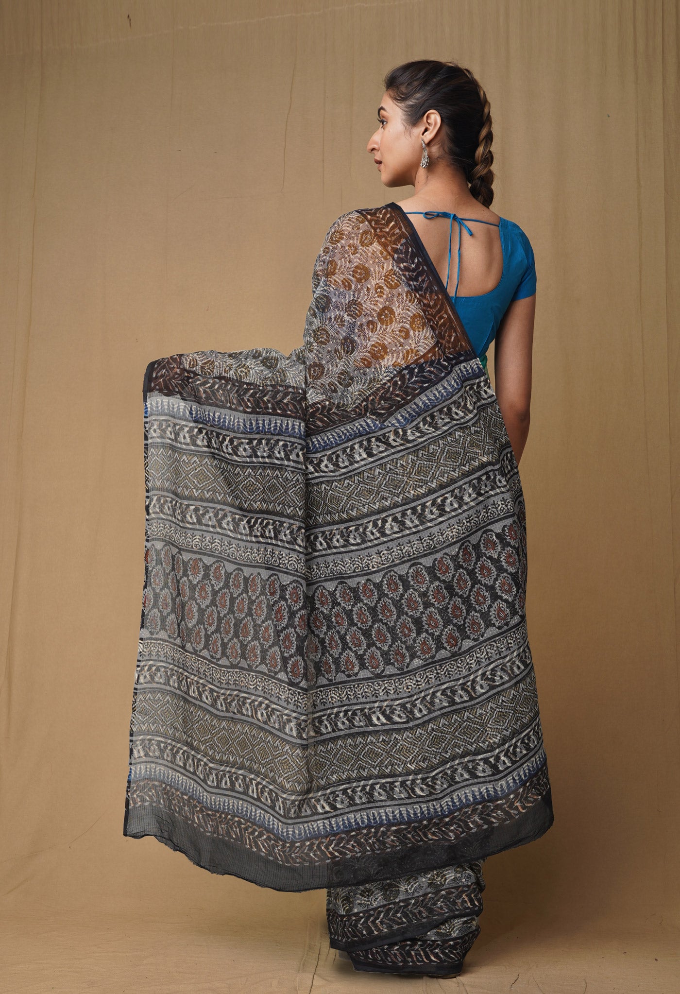 Grey Pure Discharge Bagru Printed Kota Saree-UNM80795