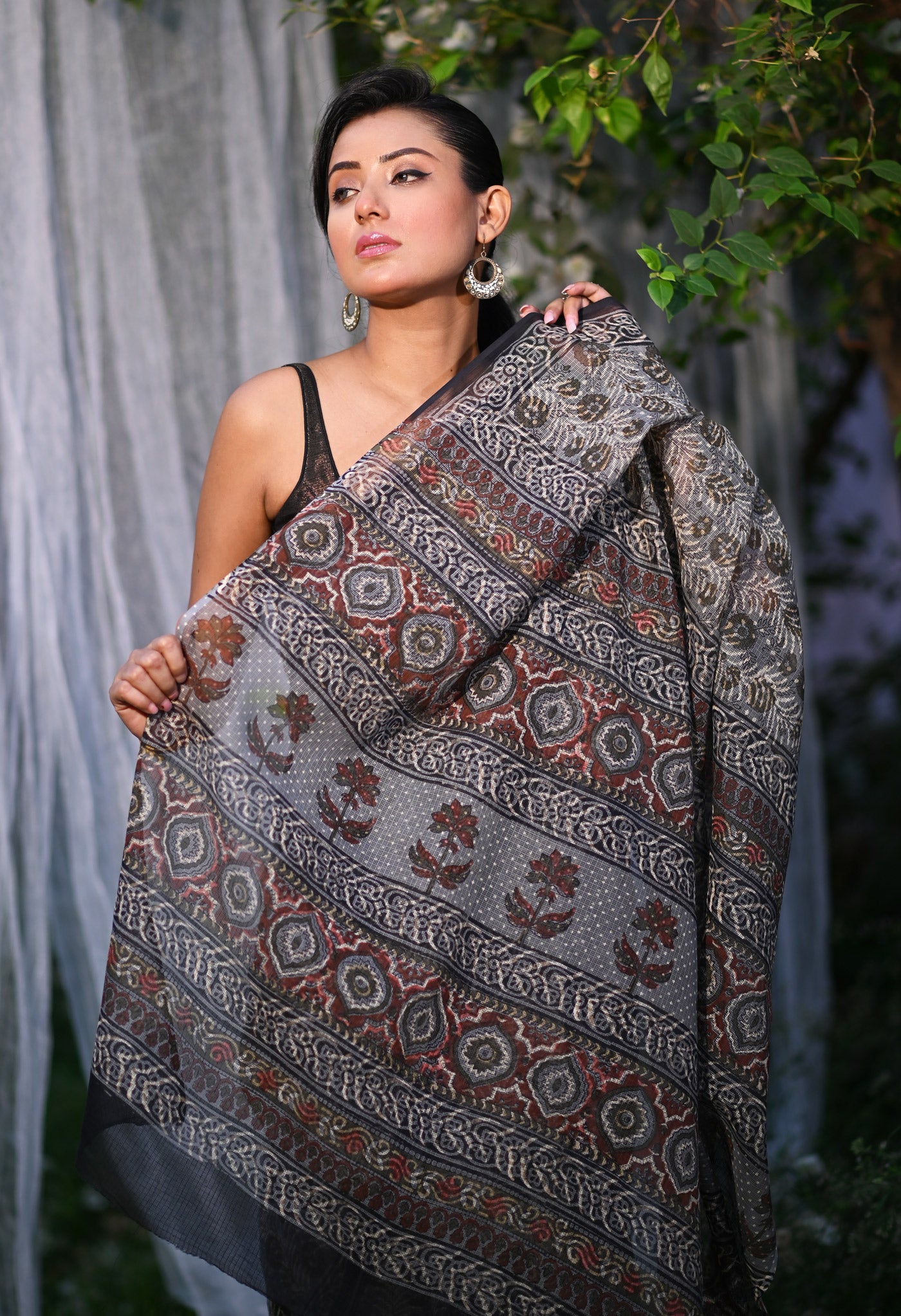 Grey Pure Discharge Bagru Printed Kota Saree-UNM80795