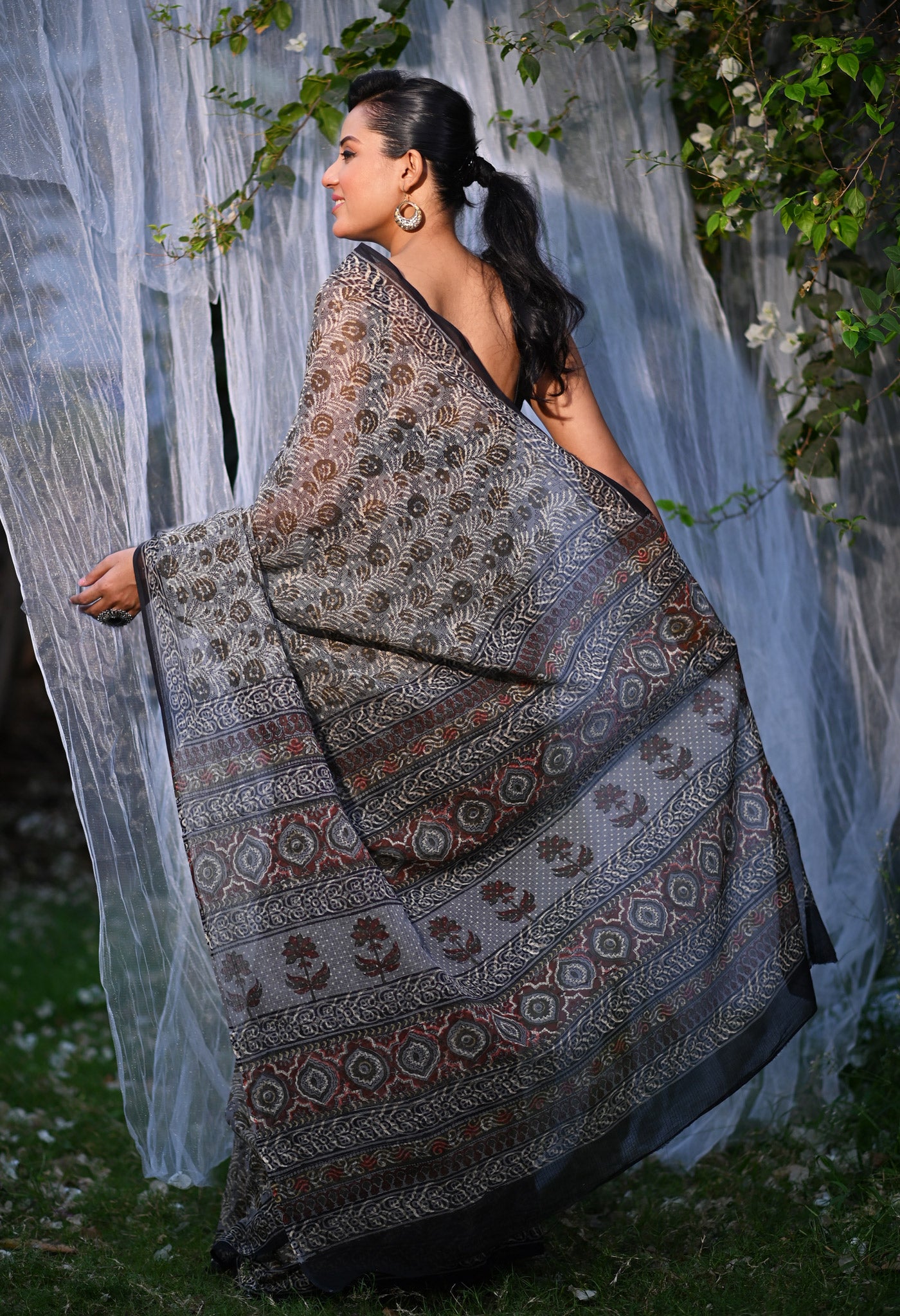 Grey Pure Discharge Bagru Printed Kota Saree-UNM80795