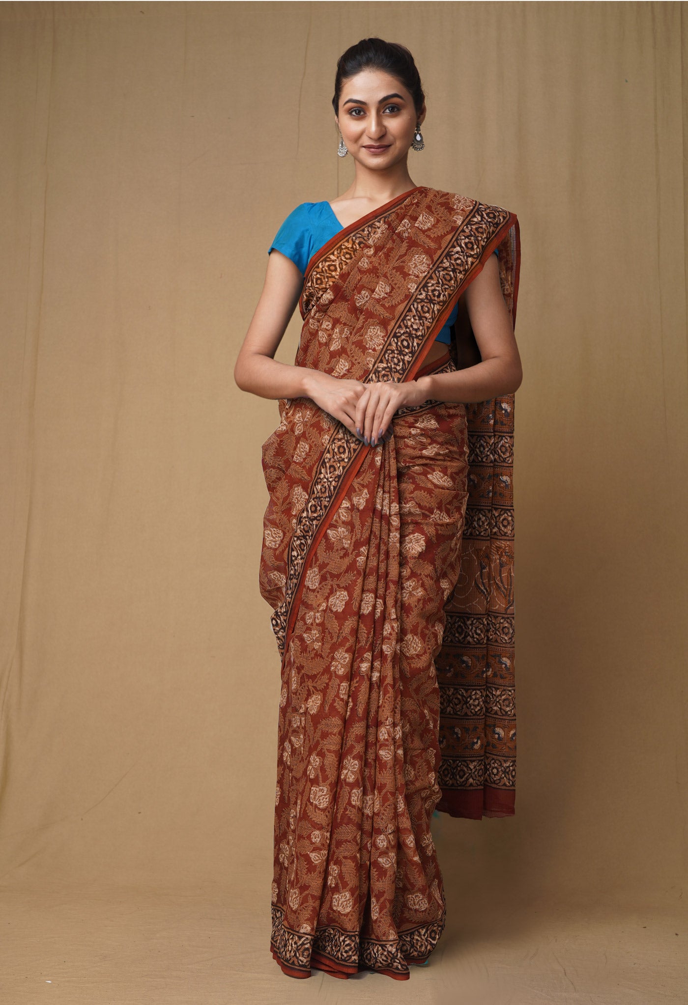 Rust Orange Pure Discharge Bagru Printed Kota Saree-UNM80796