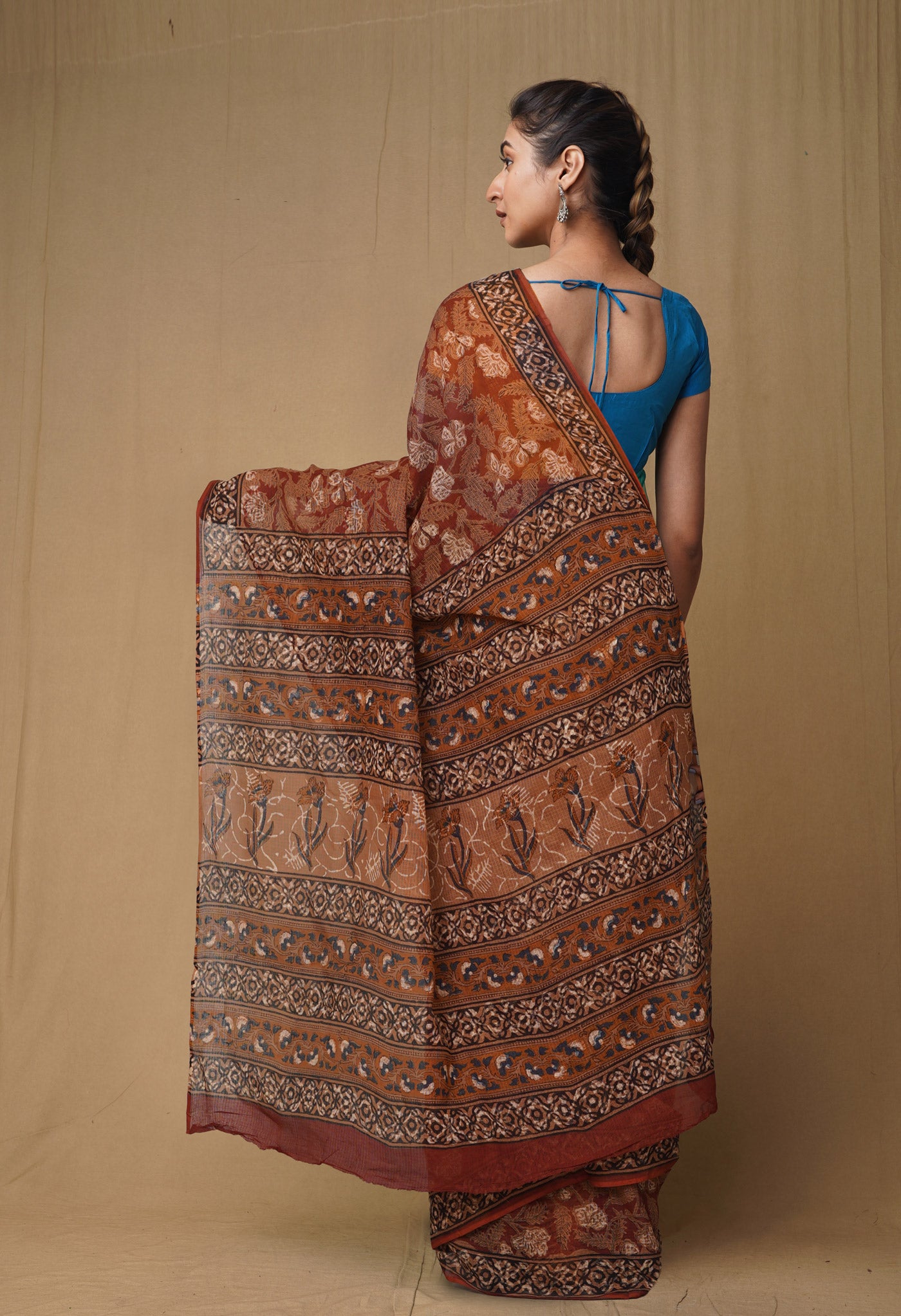 Rust Orange Pure Discharge Bagru Printed Kota Saree-UNM80796