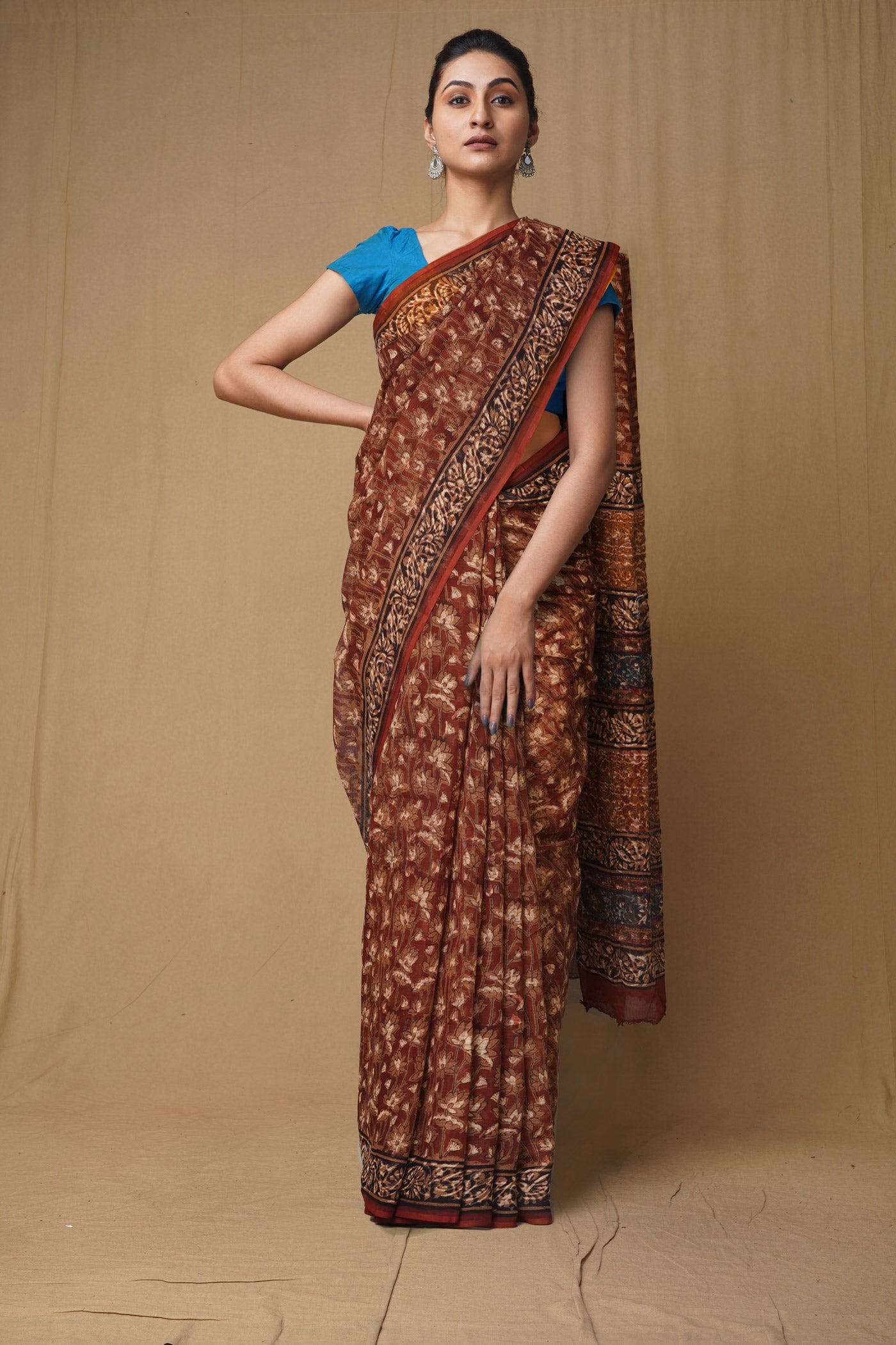 Red Pure Discharge Bagru Printed Kota Saree-UNM80797