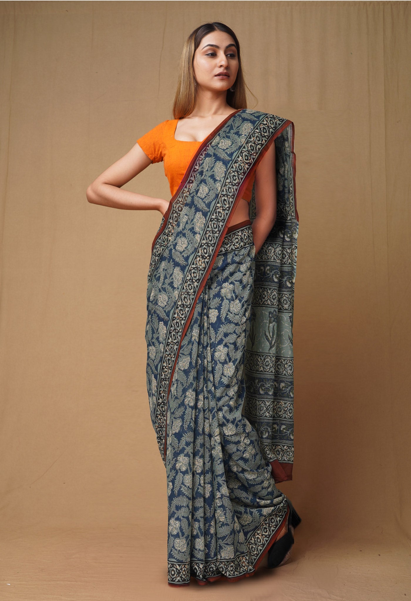 Blue Pure Discharge Bagru Printed Kota Saree-UNM80798