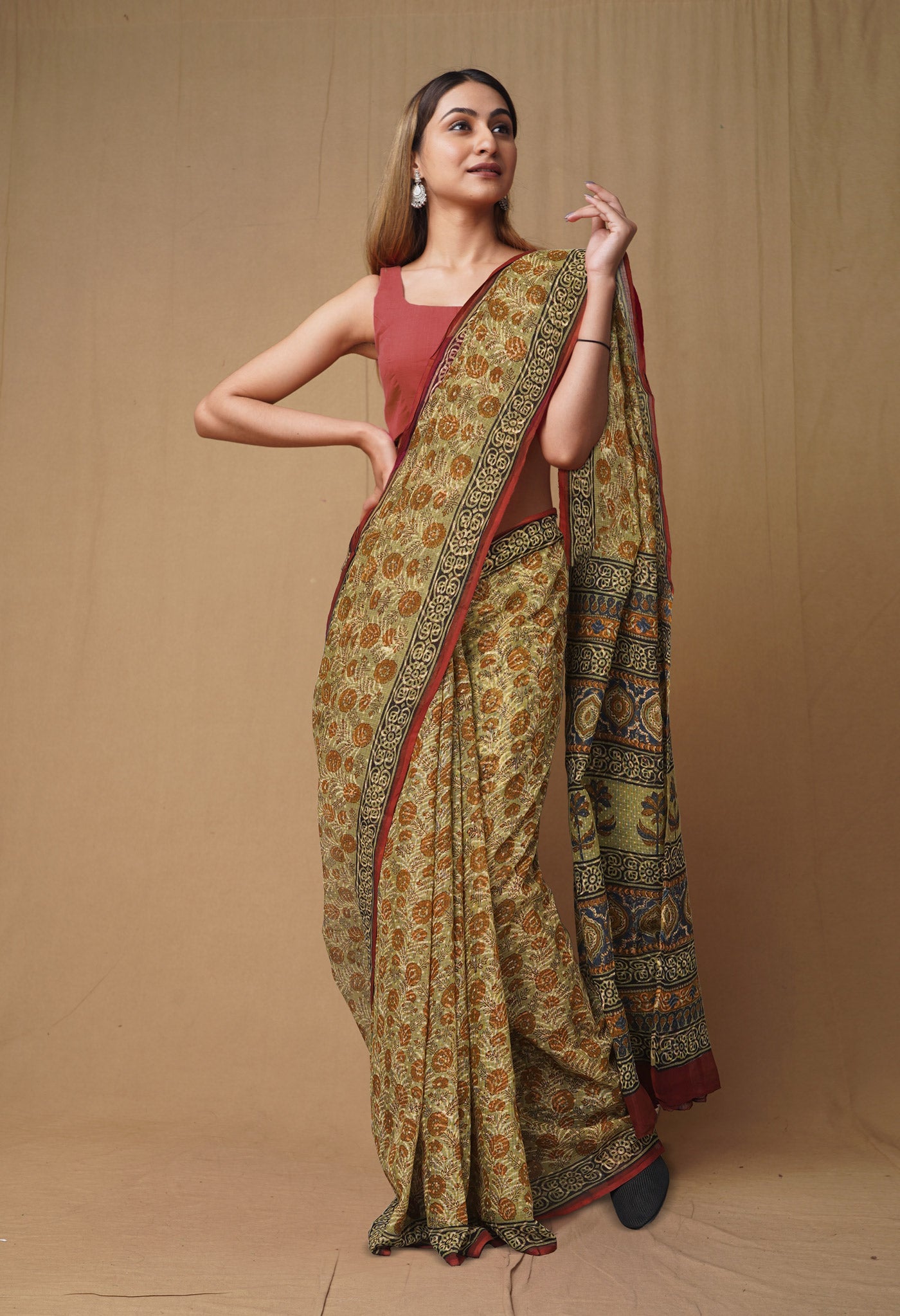 Green Pure Discharge Bagru Printed Kota Saree-UNM80799