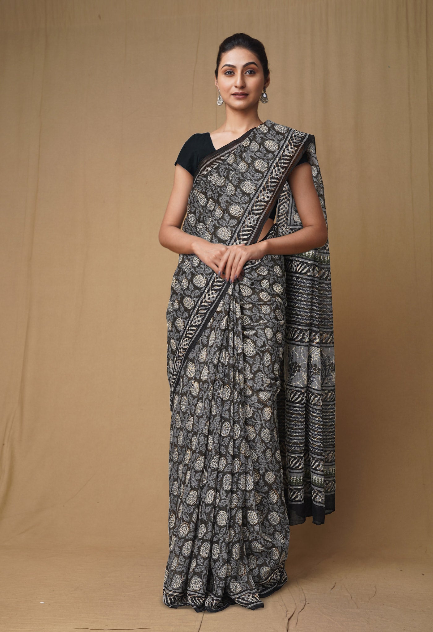 Black Pure Discharge Bagru Printed Kota Saree-UNM80803