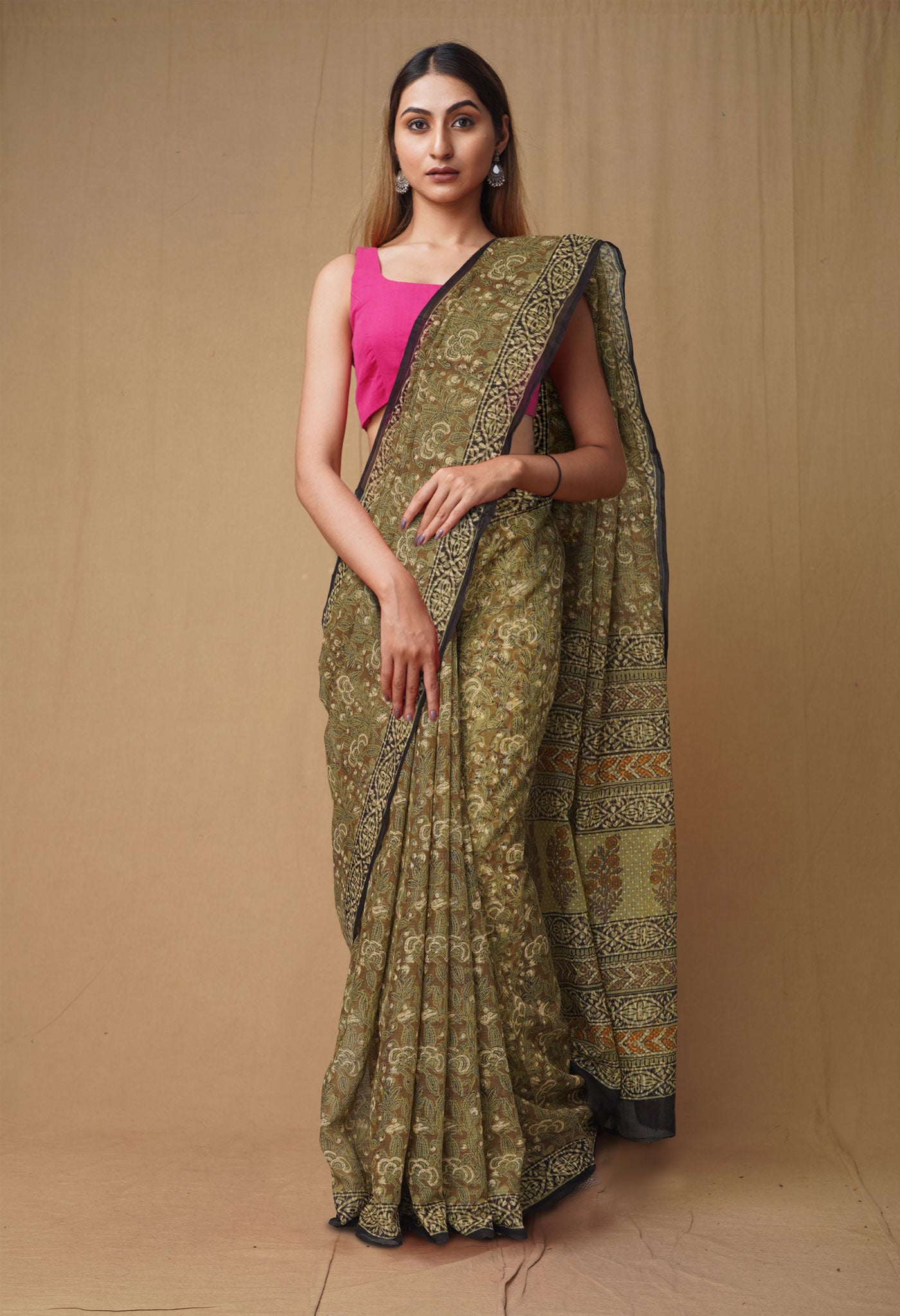 Green Pure Discharge Bagru Printed Kota Saree-UNM80804