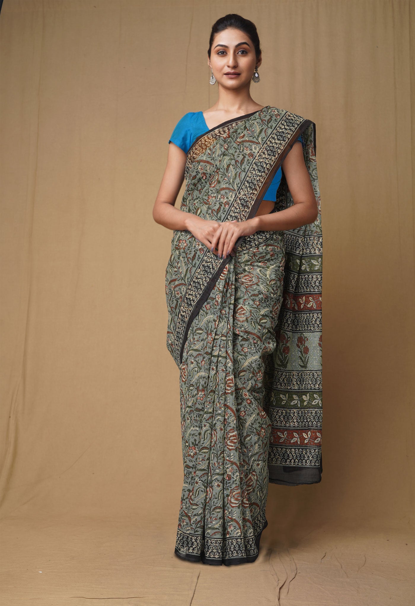 Blue Pure Discharge Bagru Printed Kota Saree-UNM80806