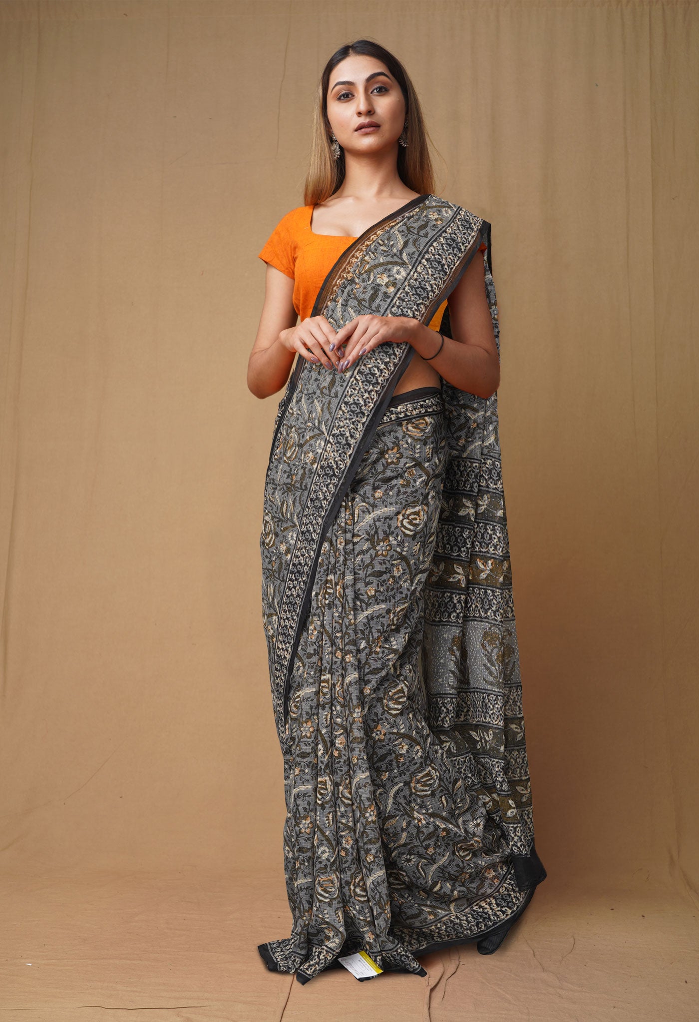 Grey Pure Discharge Bagru Printed Kota Saree-UNM80807