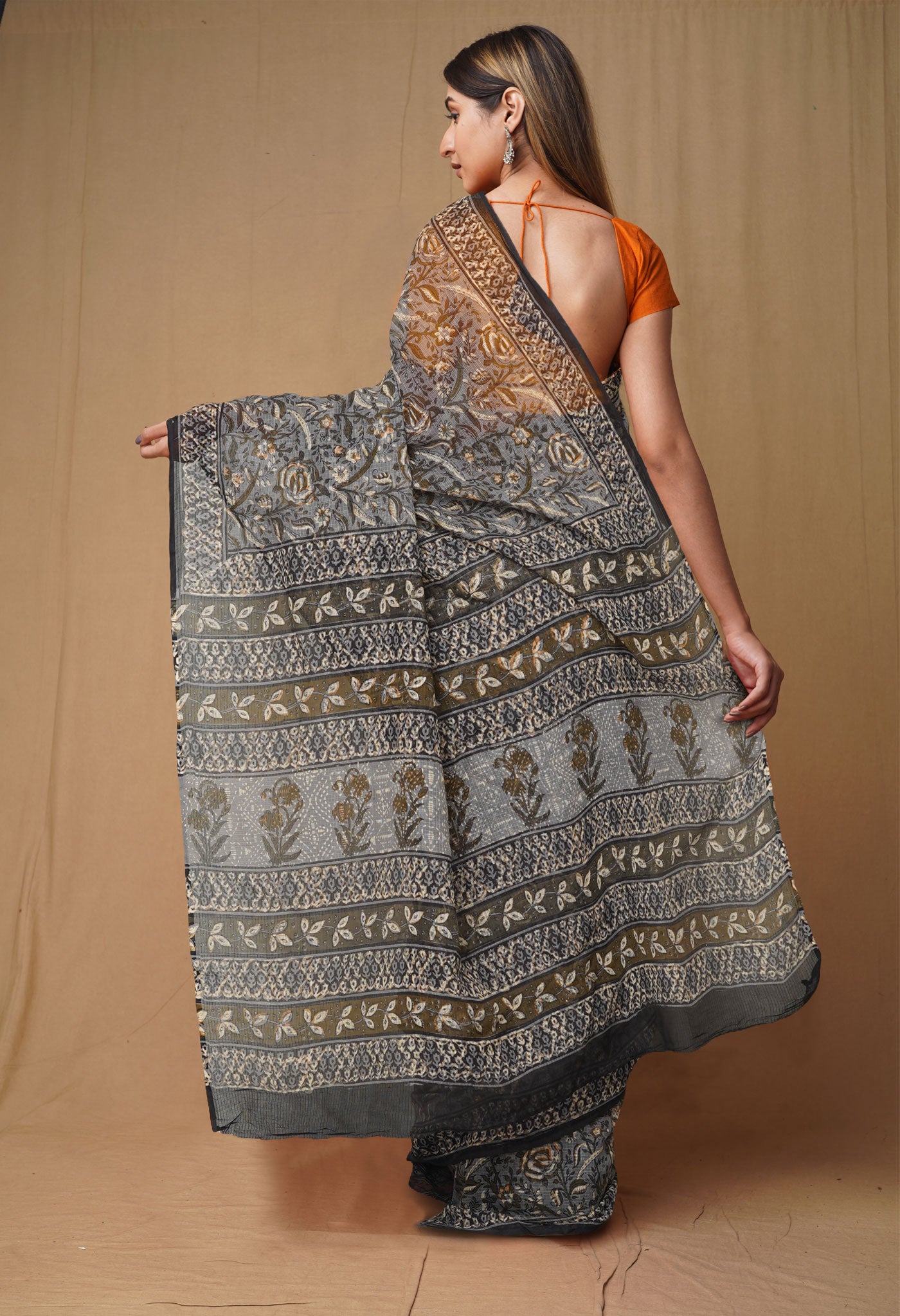 Grey Pure Discharge Bagru Printed Kota Saree-UNM80807