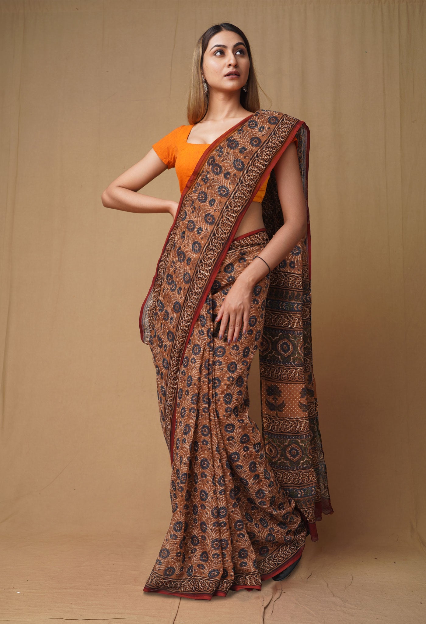 Brown Pure Discharge Bagru Printed Kota Saree-UNM80808