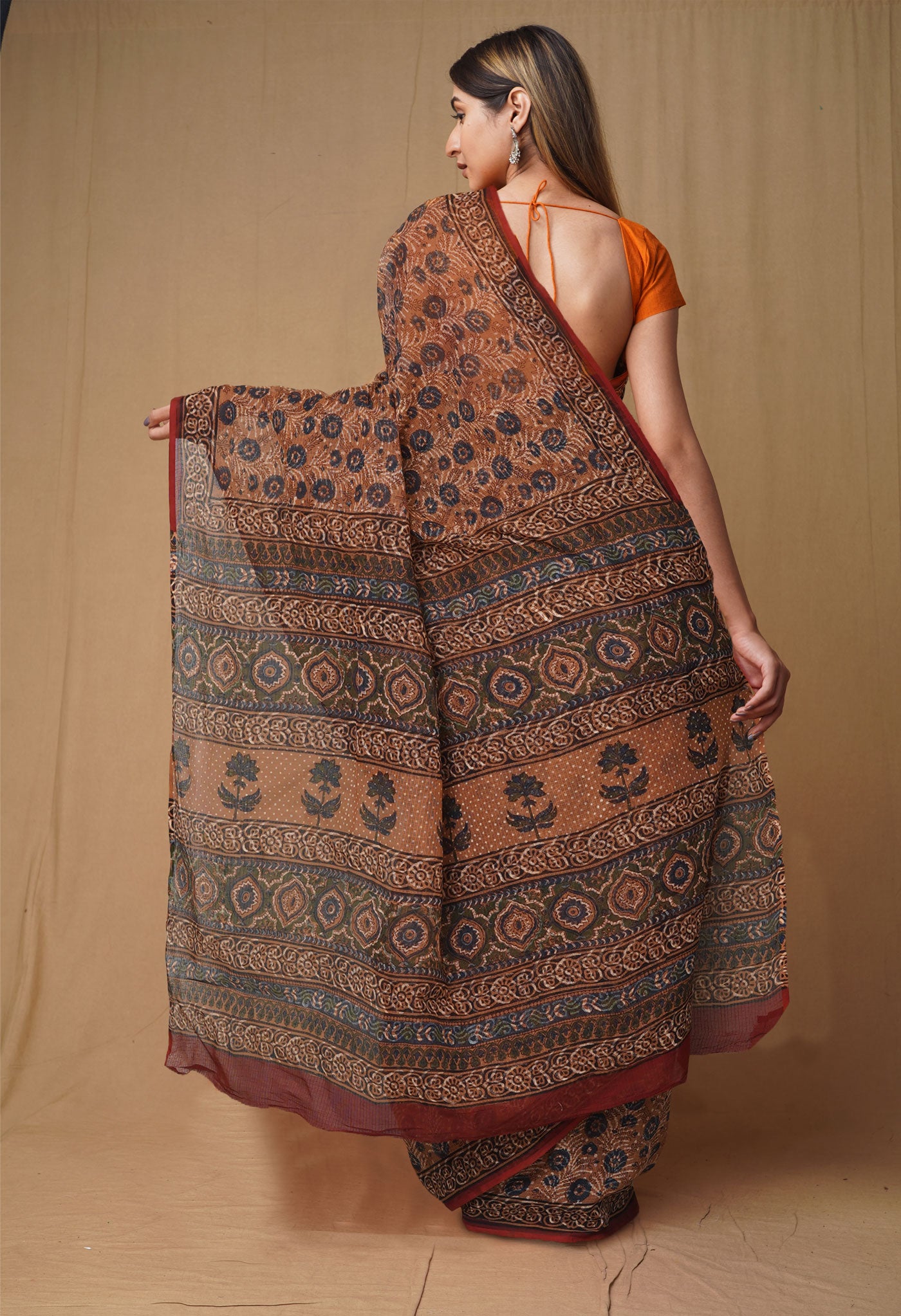 Brown Pure Discharge Bagru Printed Kota Saree-UNM80808