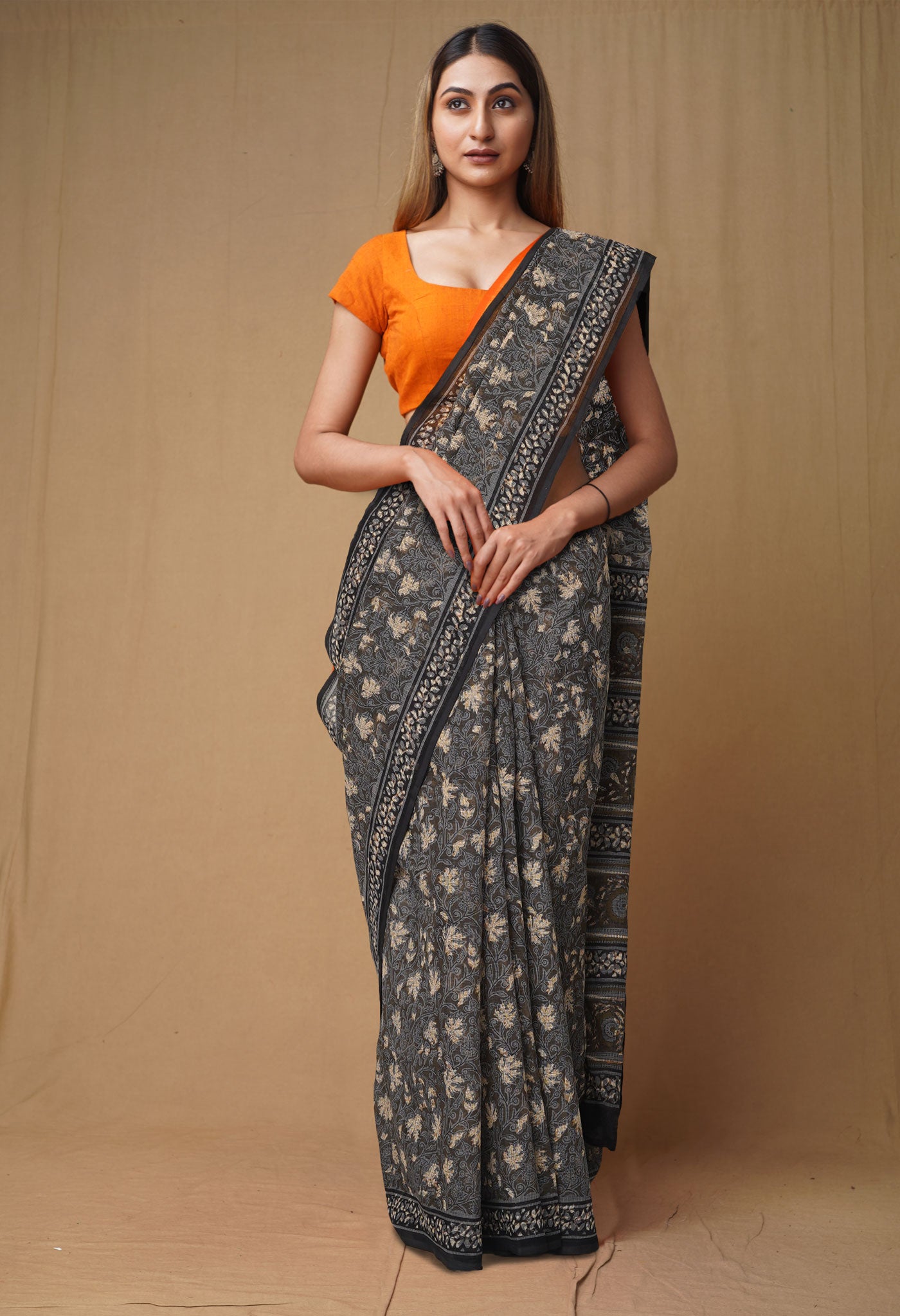 Olive Green Pure Discharge Bagru Printed Kota Saree-UNM80809