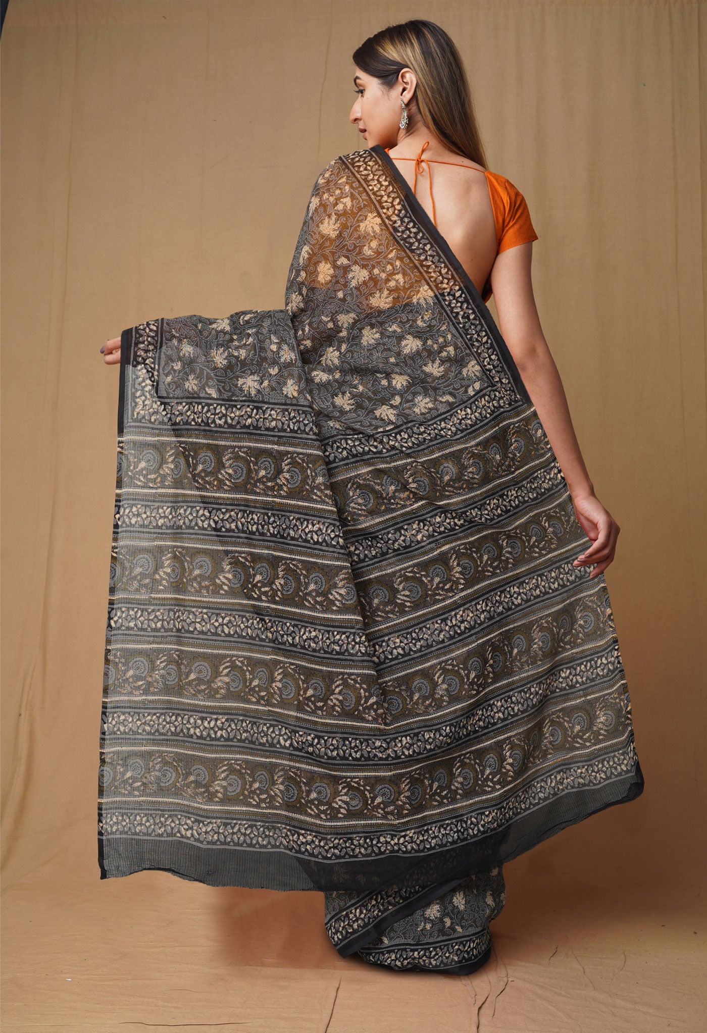 Olive Green Pure Discharge Bagru Printed Kota Saree-UNM80809