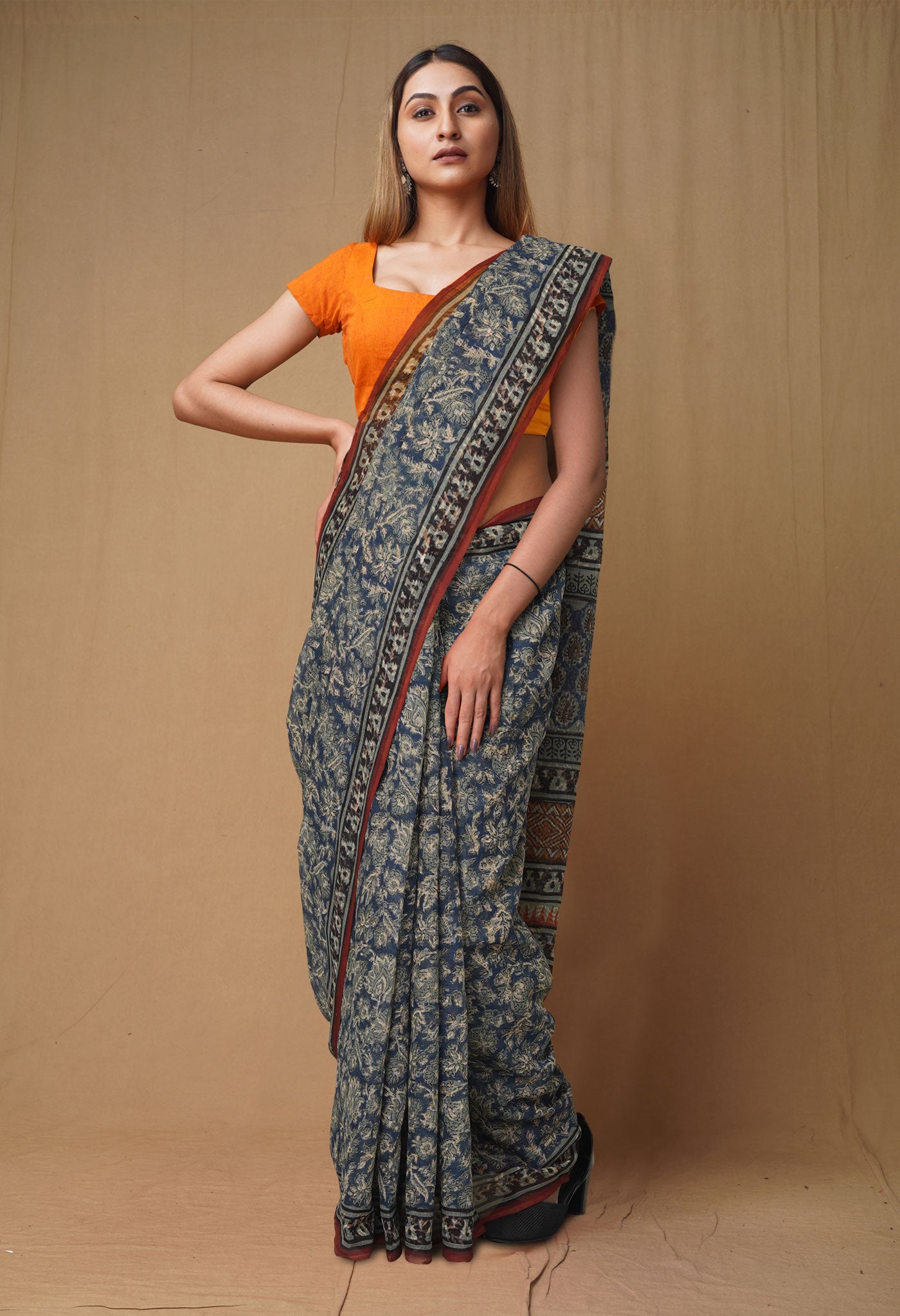 Blue Pure Discharge Bagru Printed Kota Saree-UNM80810