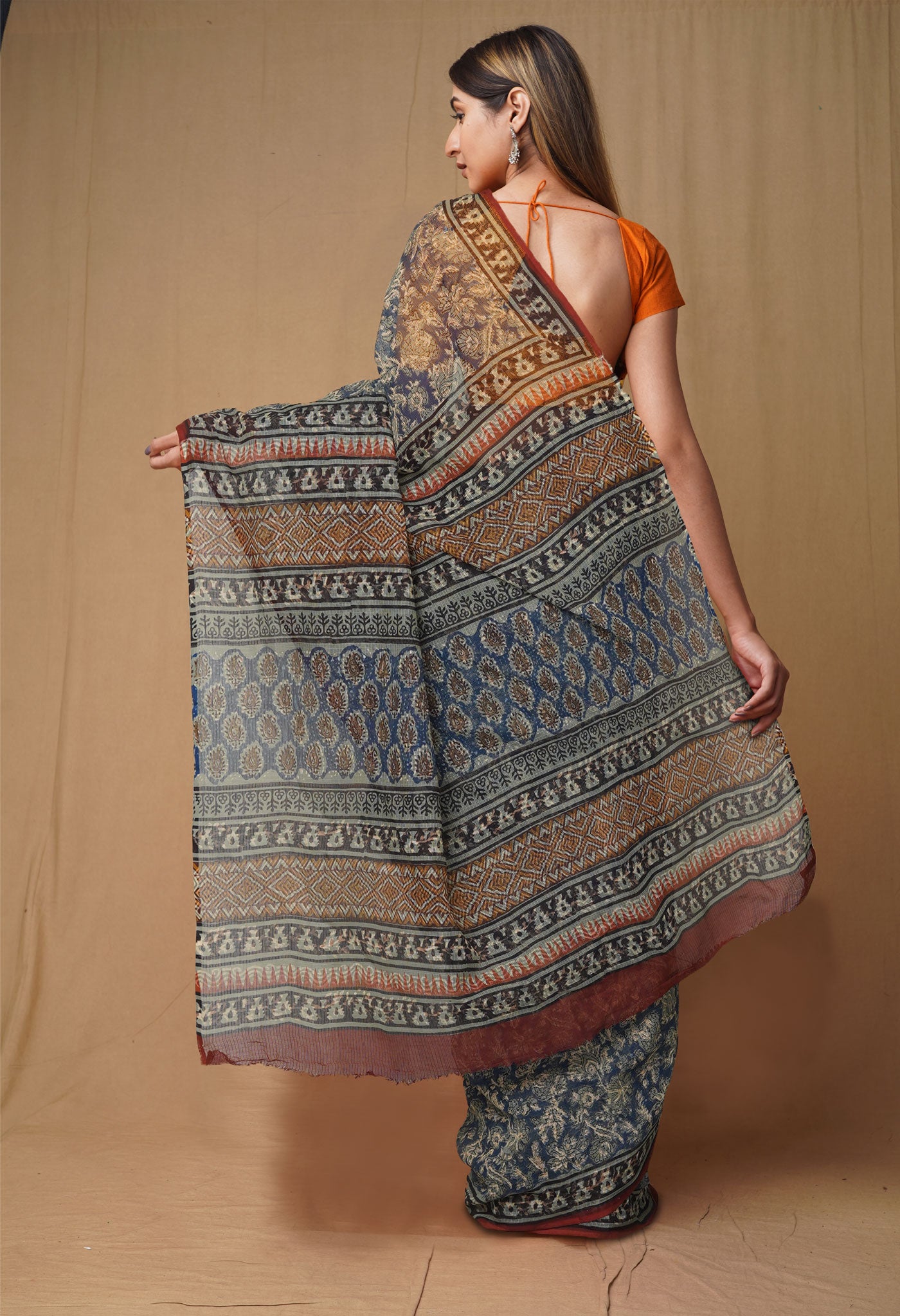 Blue Pure Discharge Bagru Printed Kota Saree-UNM80810