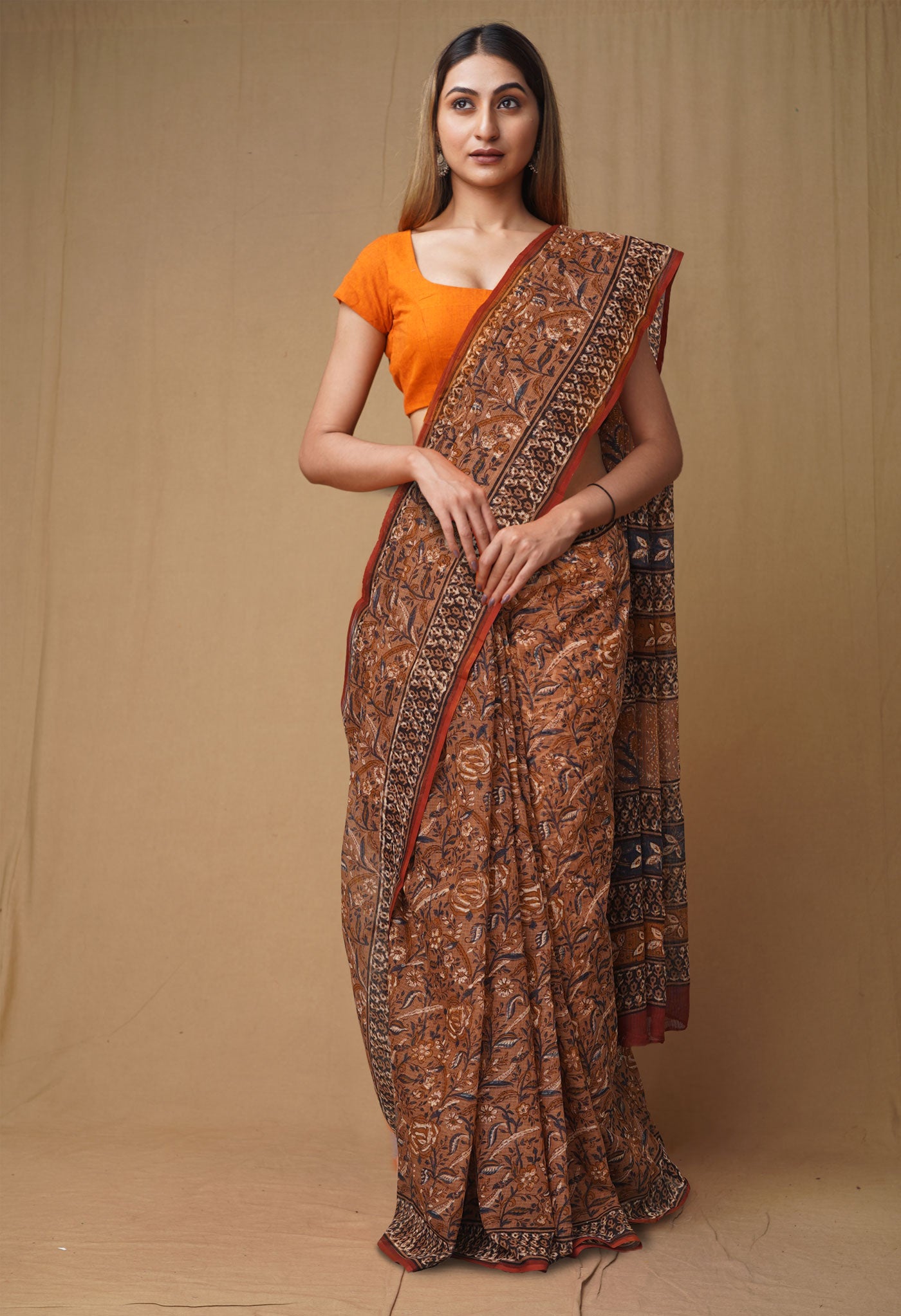 Brown Pure Discharge Bagru Printed Kota Saree-UNM80811