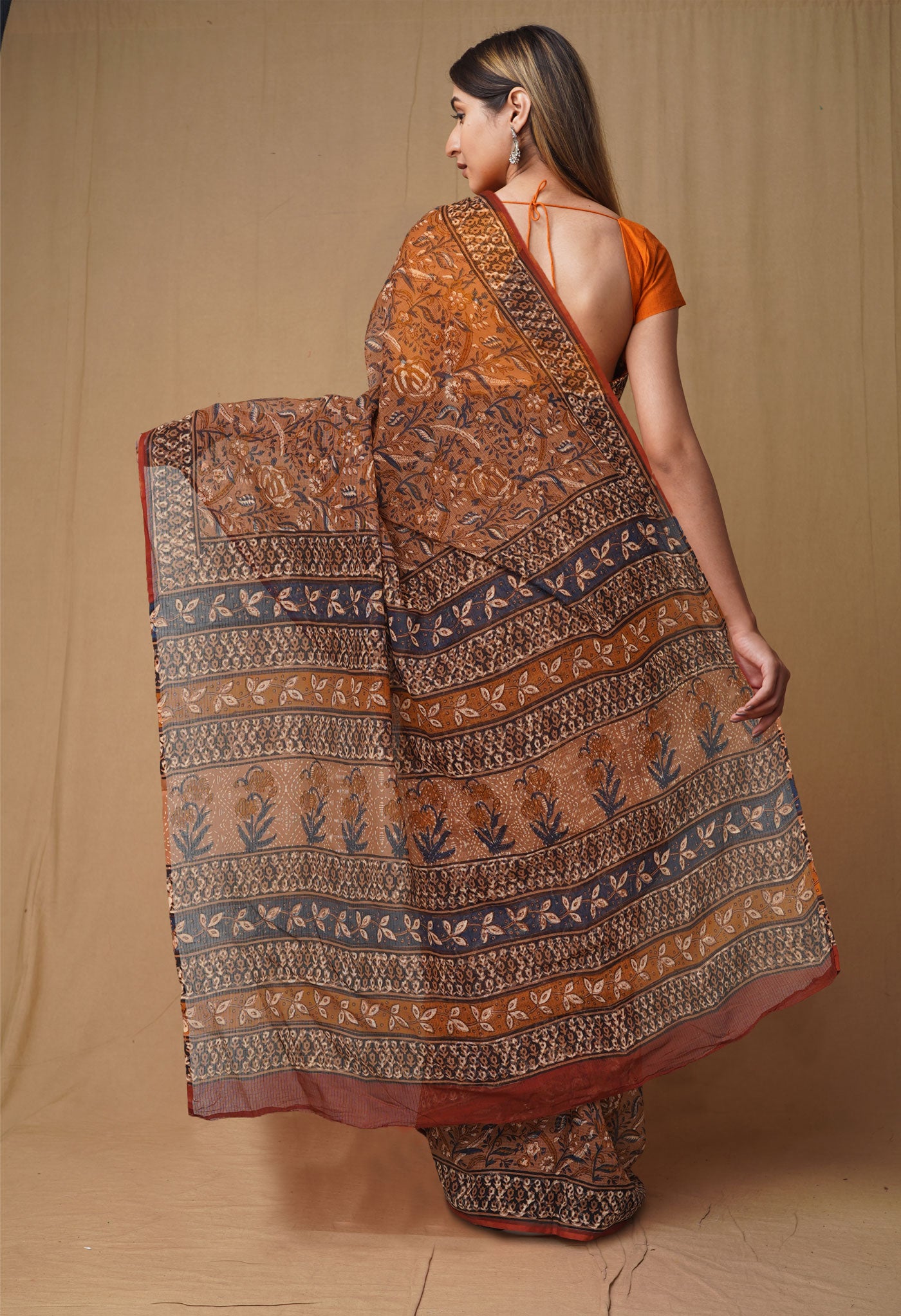 Brown Pure Discharge Bagru Printed Kota Saree-UNM80811