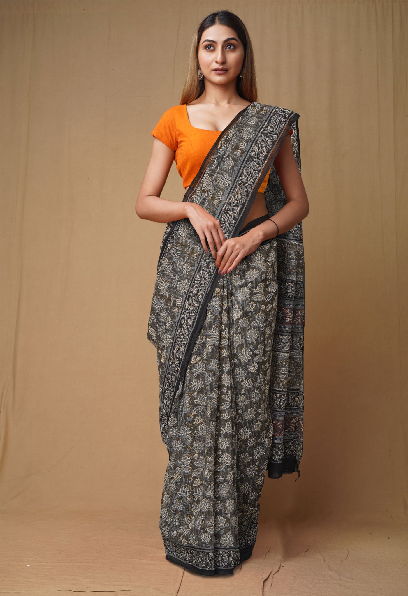 Olive Green Pure Discharge Bagru Printed Kota Saree-UNM80812