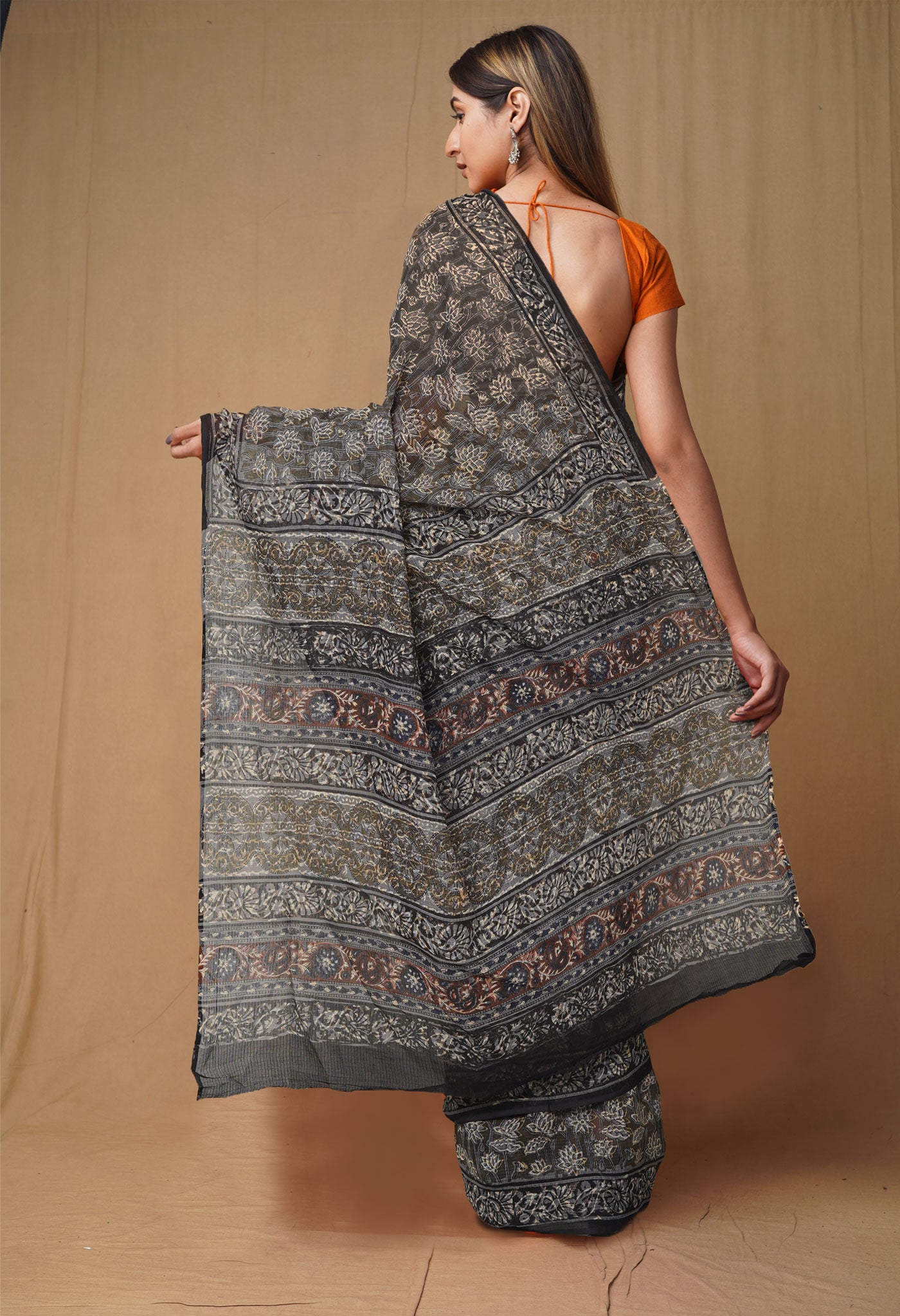 Olive Green Pure Discharge Bagru Printed Kota Saree-UNM80812