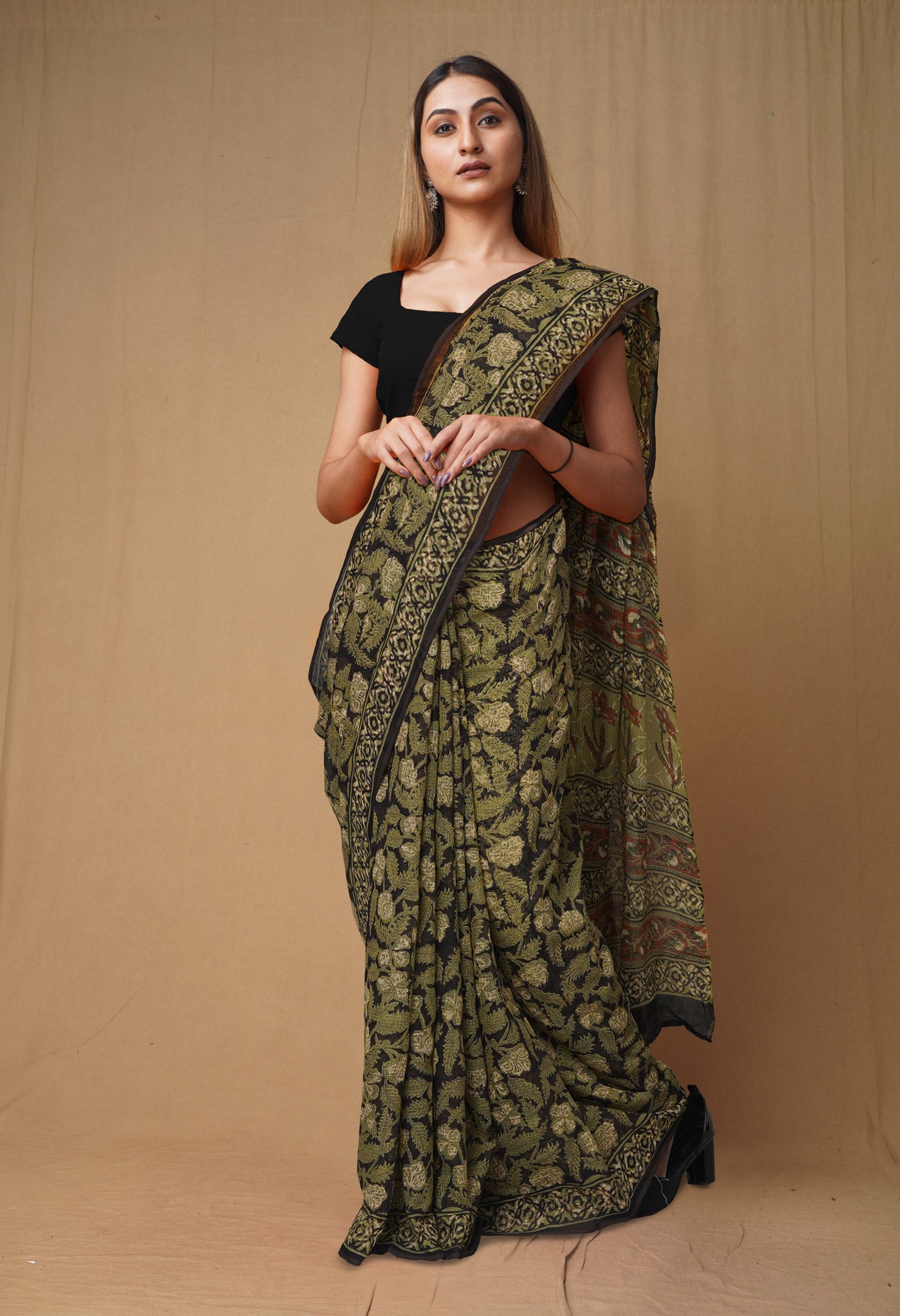 Black Pure Discharge Bagru Printed Kota Saree-UNM80814