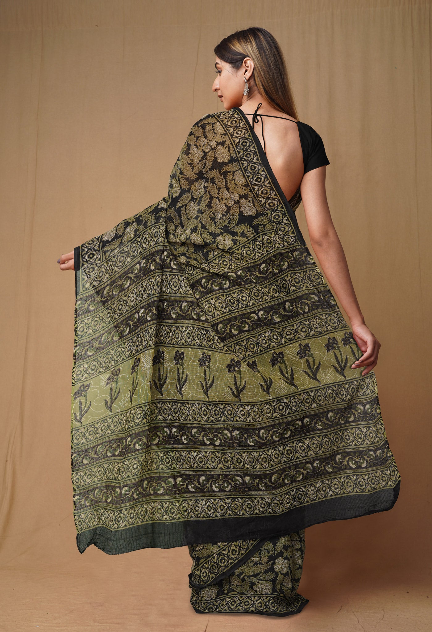 Black Pure Discharge Bagru Printed Kota Saree-UNM80814