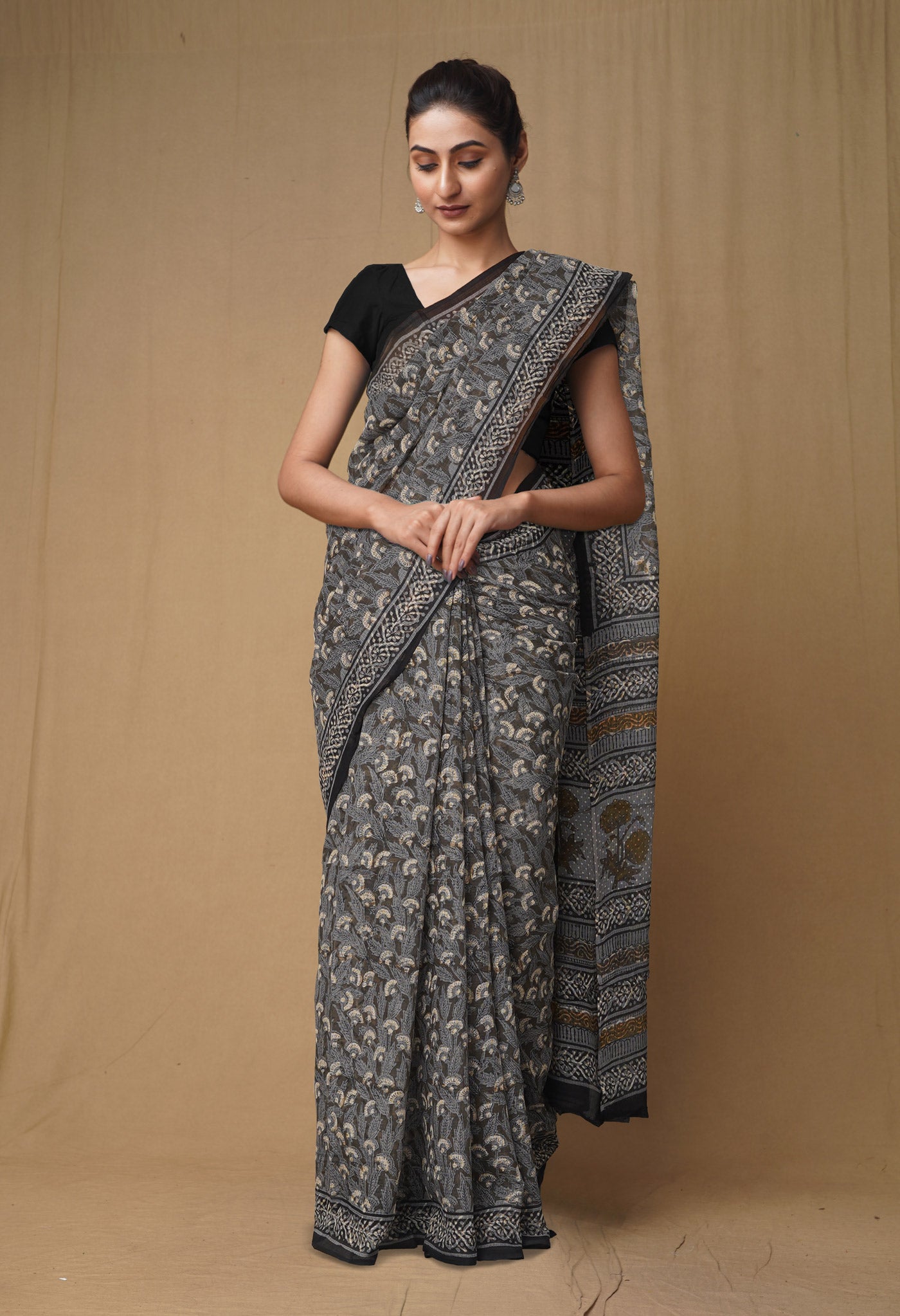 Olive Green Pure Discharge Bagru Printed Kota Saree-UNM80815