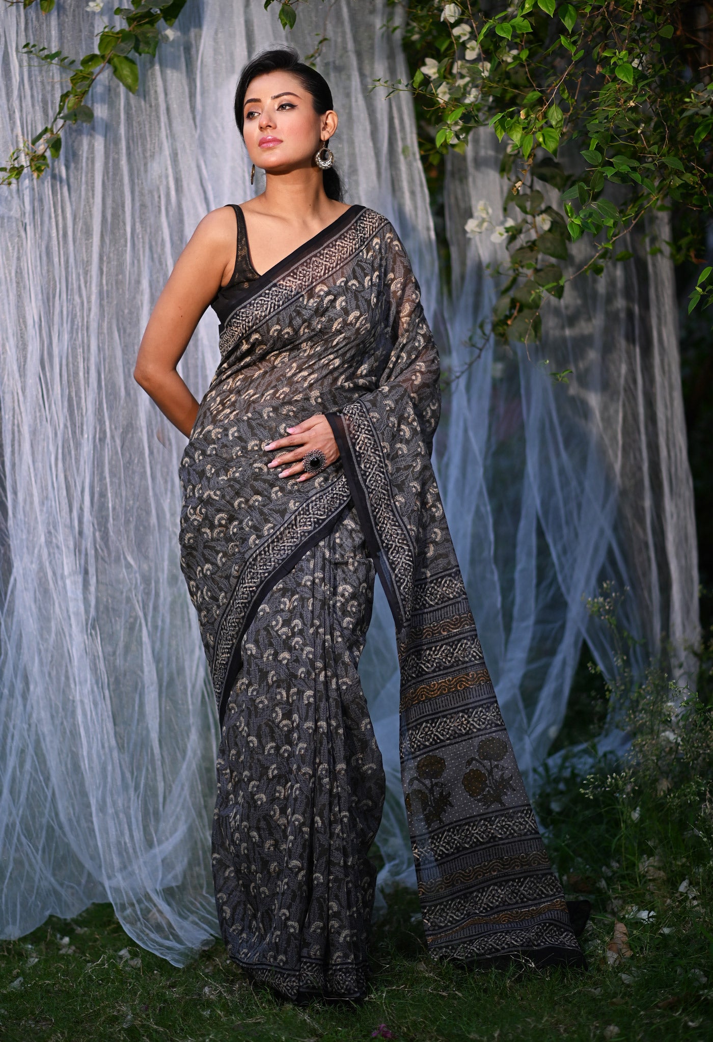 Olive Green Pure Discharge Bagru Printed Kota Saree-UNM80815