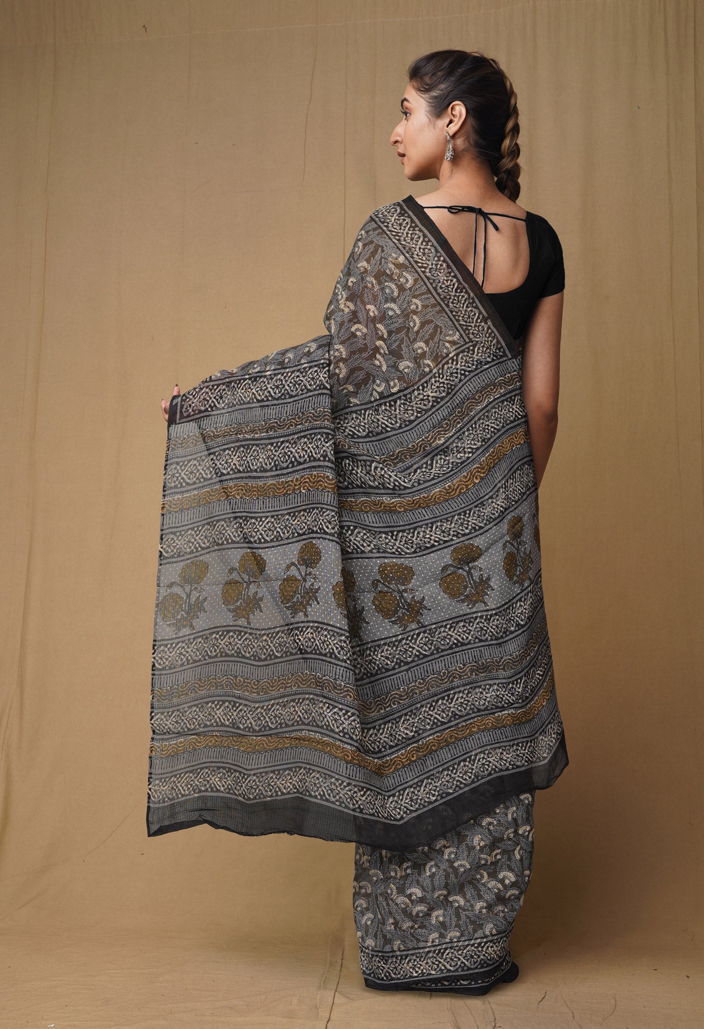 Olive Green Pure Discharge Bagru Printed Kota Saree-UNM80815