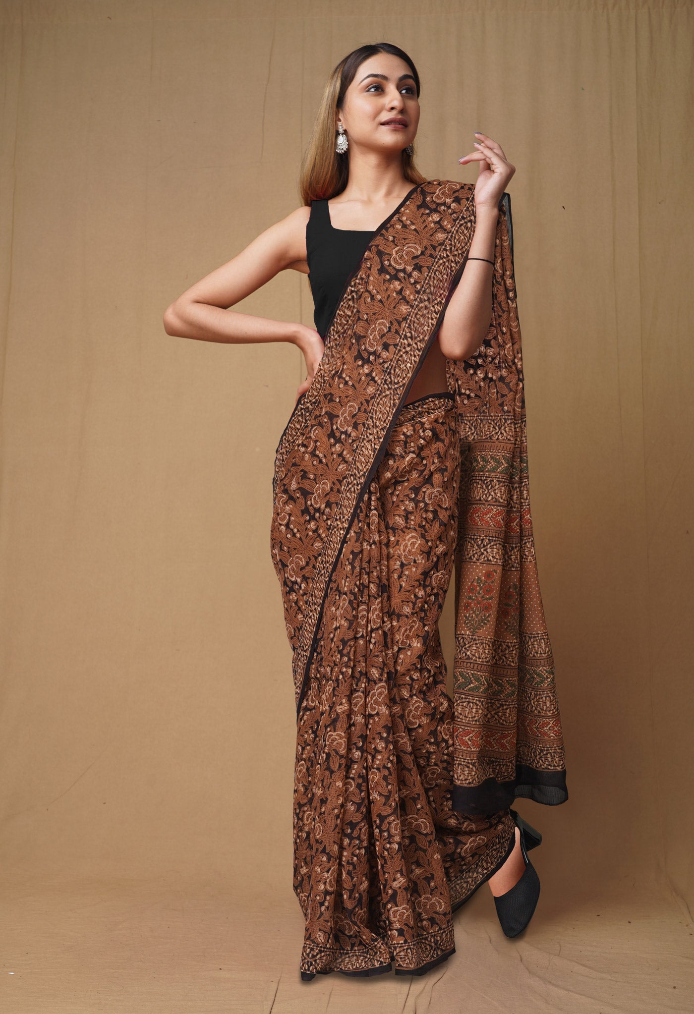 Black Pure Discharge Bagru Printed Kota Saree-UNM80816