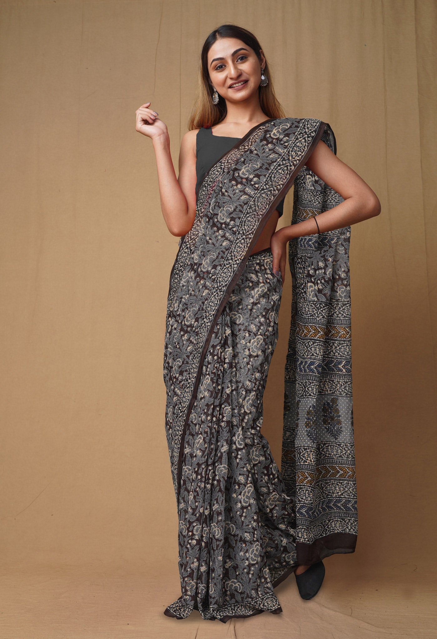 Dark Brown Pure Discharge Bagru Printed Kota Saree-UNM80818