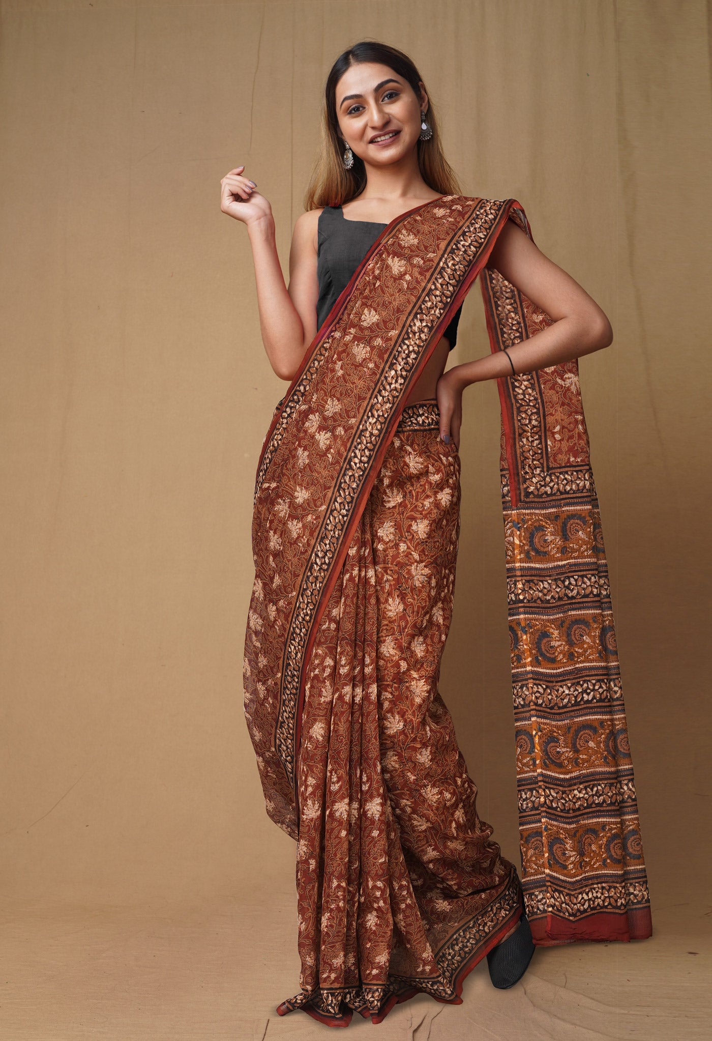 Red Pure Discharge Bagru Printed Kota Saree-UNM80821