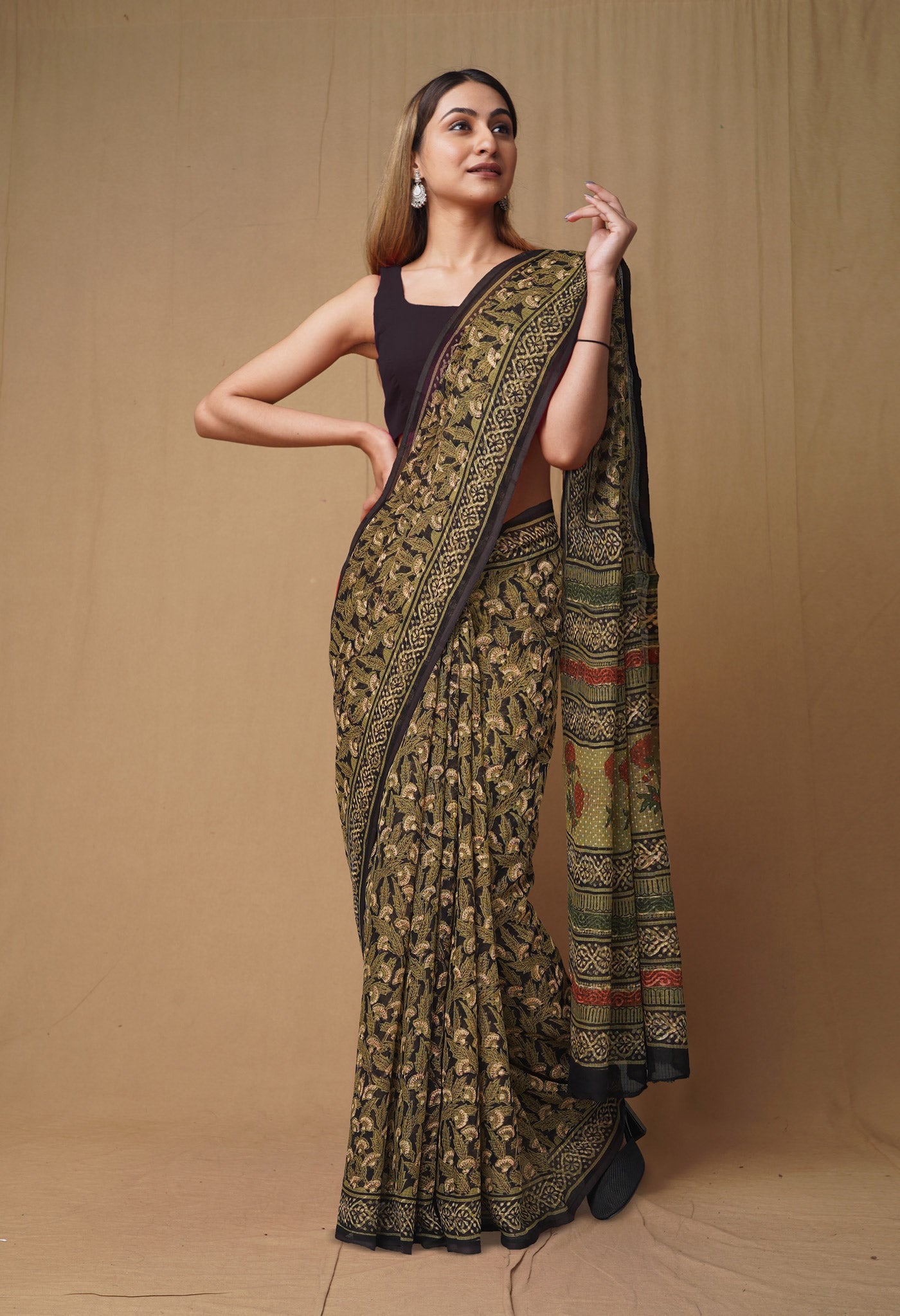 Black Pure Discharge Bagru Printed Kota Saree-UNM80822