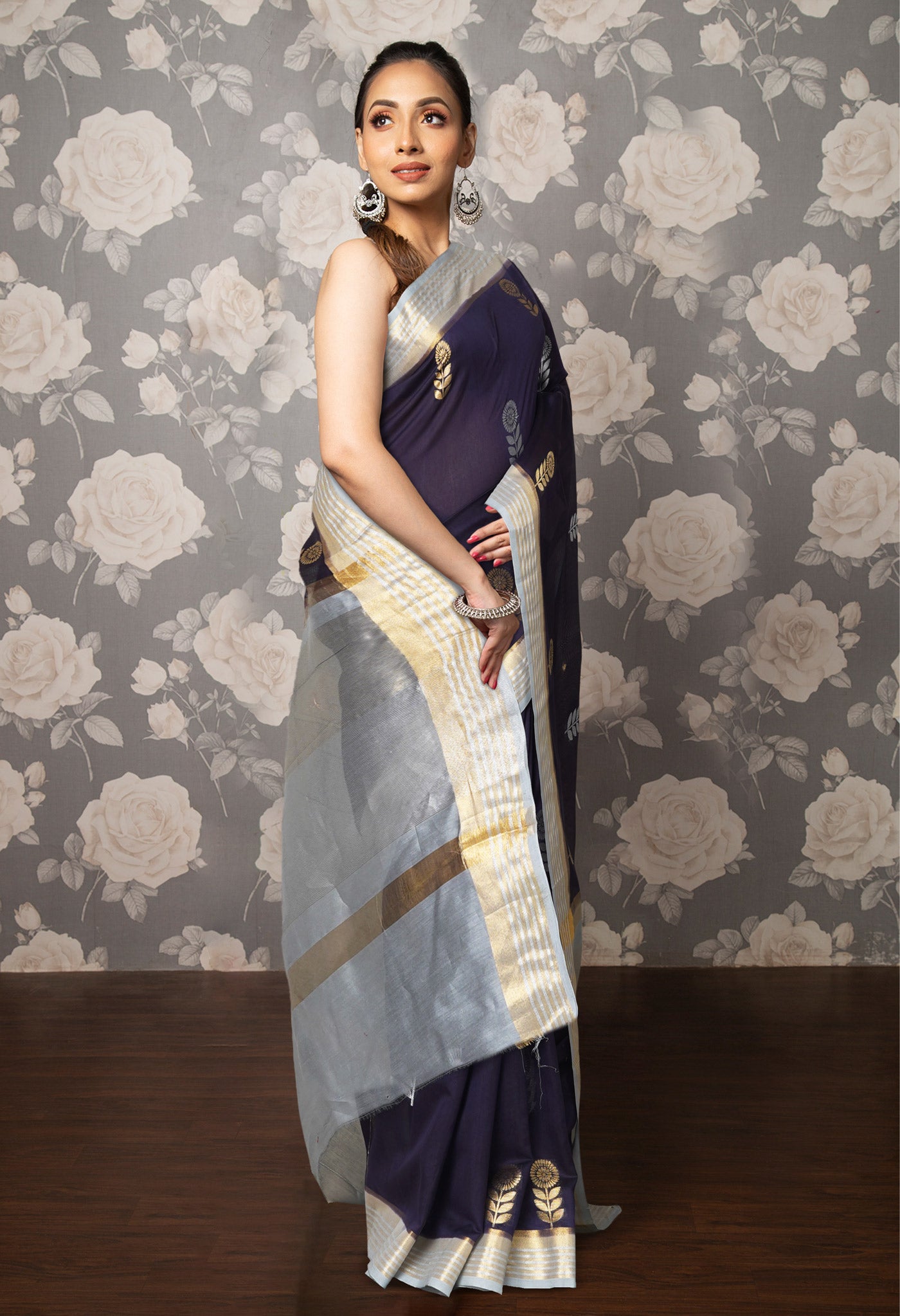 Navy Blue Pure Handloom Chanderi Uppada Sico Saree-UNM80829