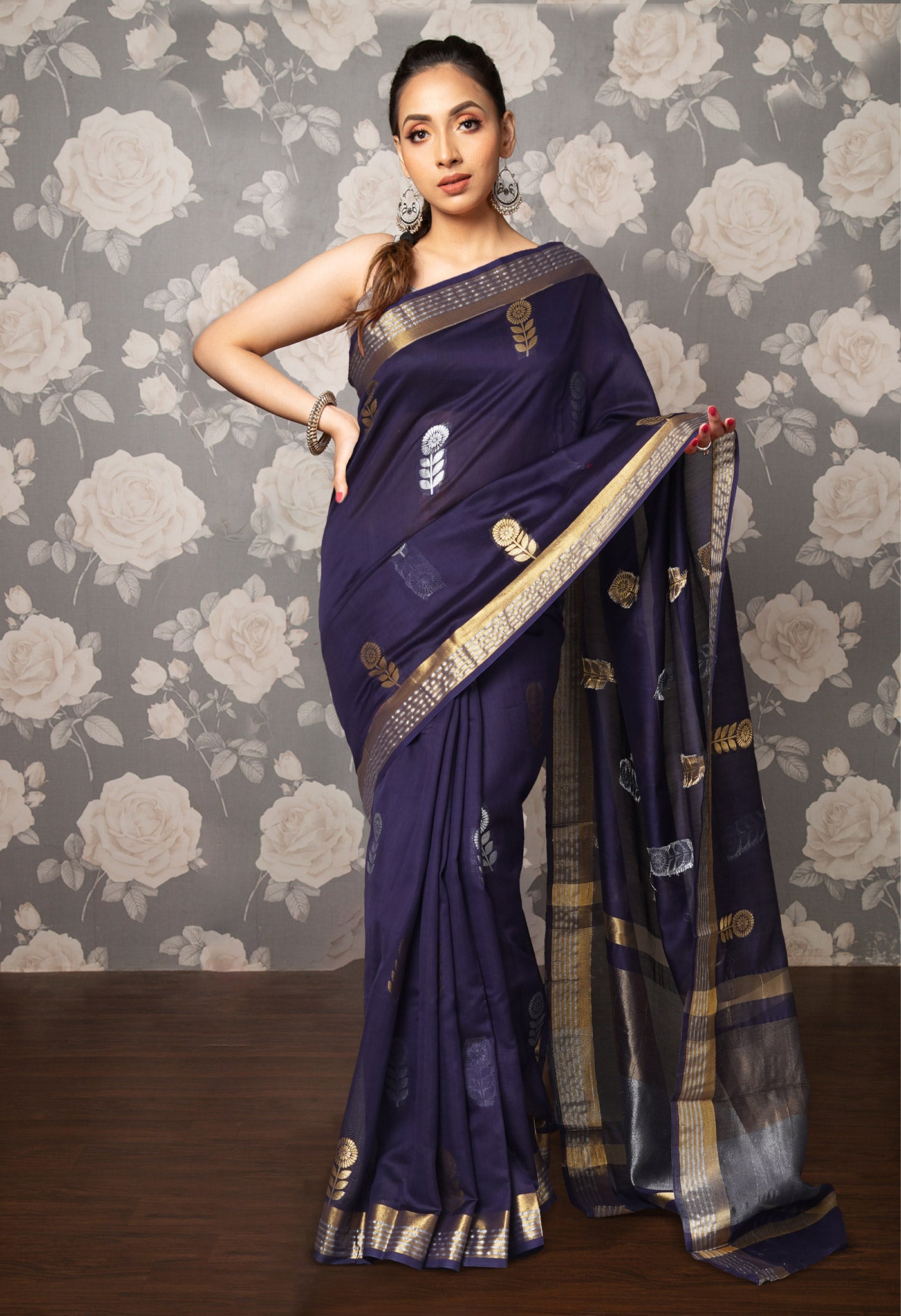 Navy Blue Pure Handloom Chanderi Uppada Sico Saree-UNM80832