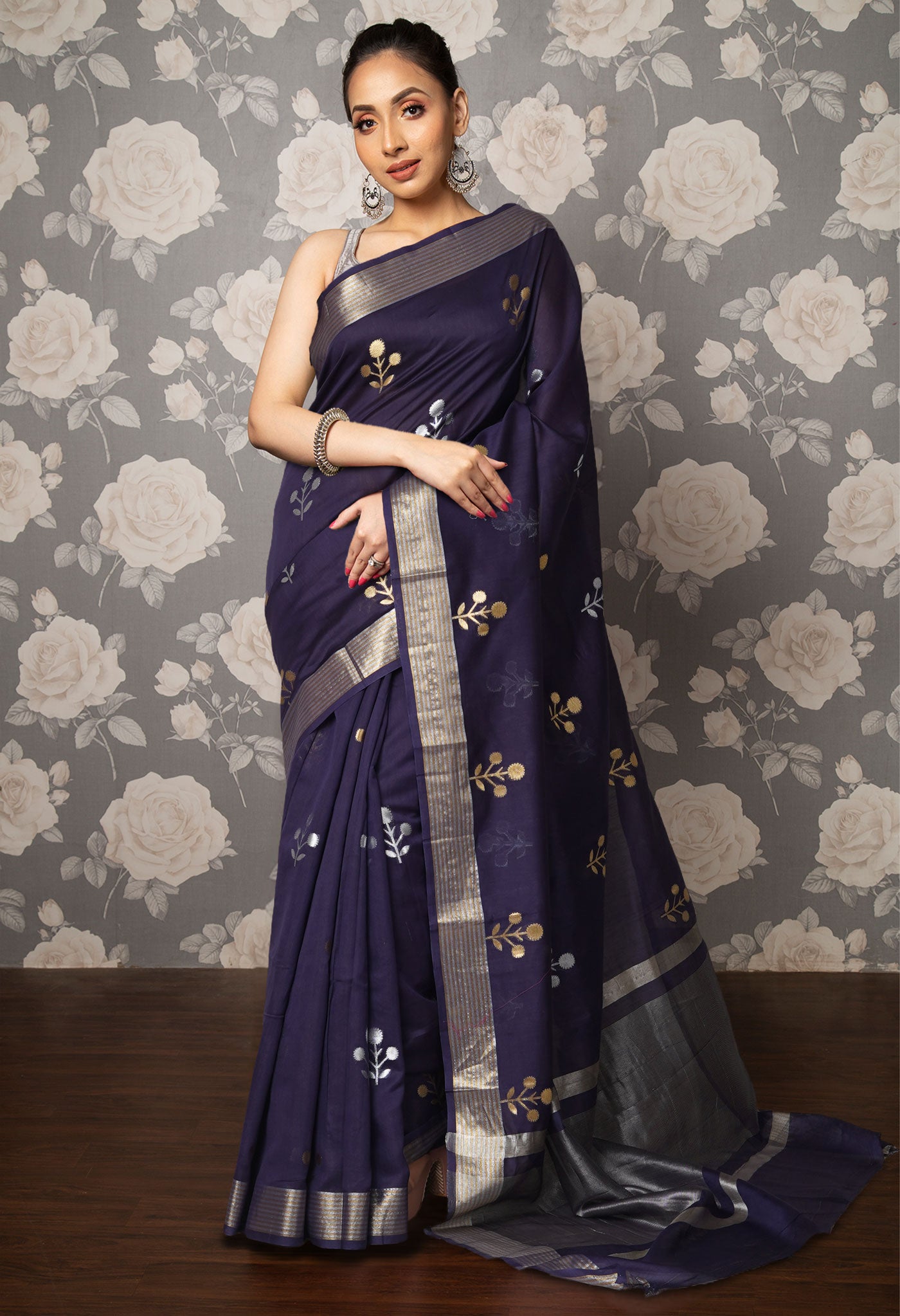 Navy Blue Pure Handloom Chanderi Uppada Sico Saree-UNM80855