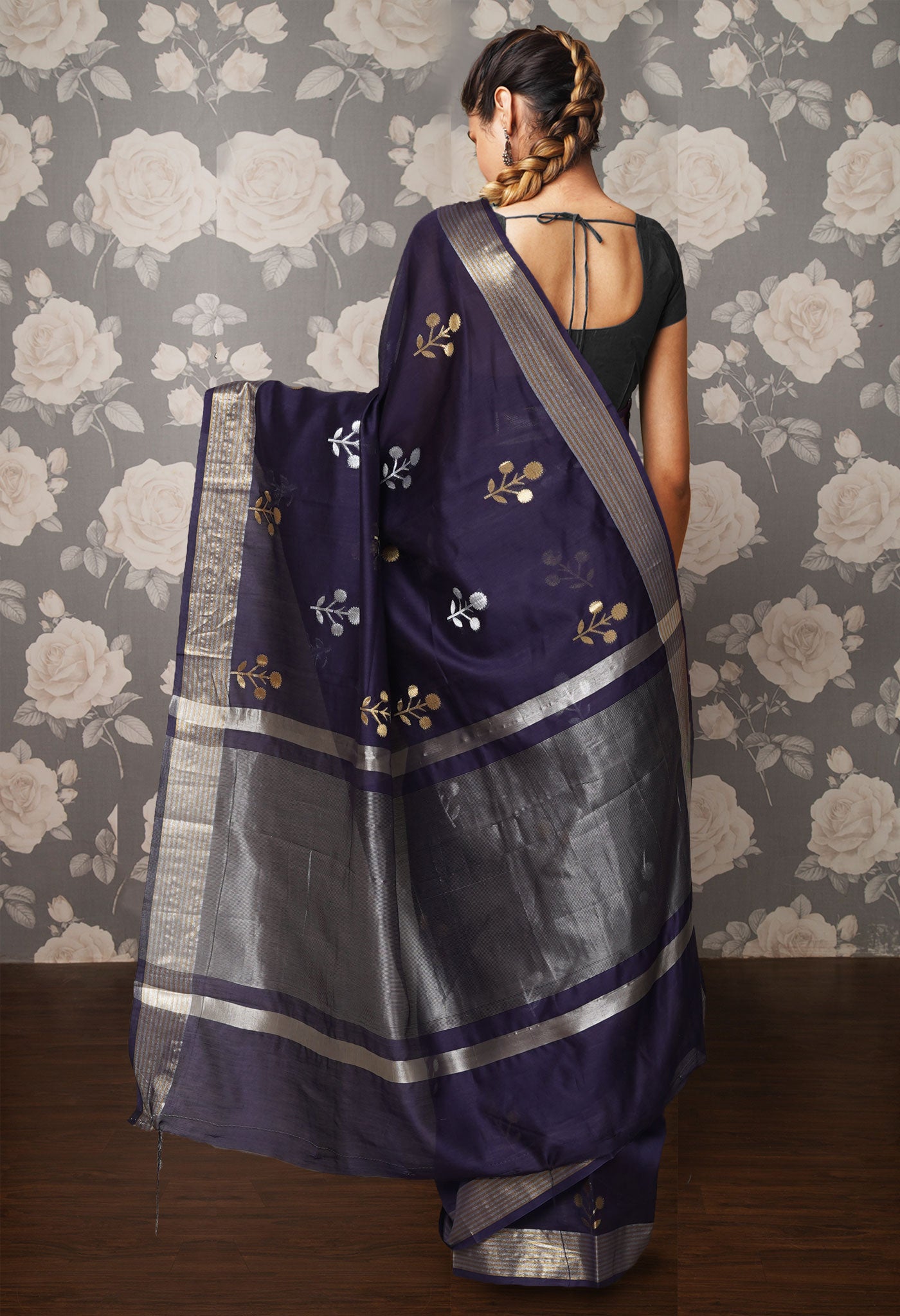 Navy Blue Pure Handloom Chanderi Uppada Sico Saree-UNM80855