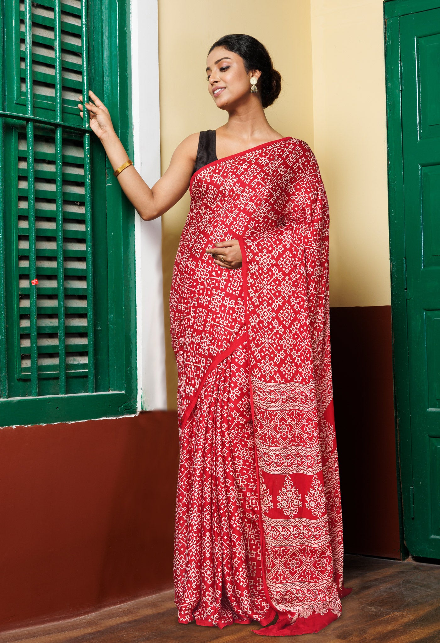 Red Pure Ajrakh Printed Gaji Soft Silk Saree-UNM80862