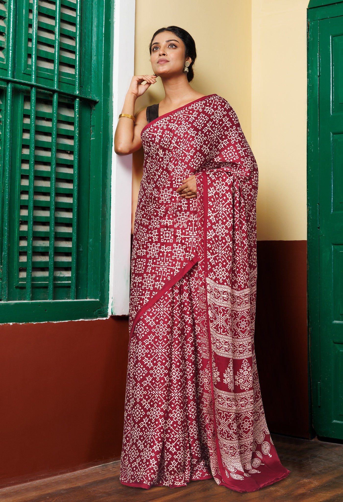 Maroon Pure Ajrakh Printed Gaji Soft Silk Saree-UNM80863