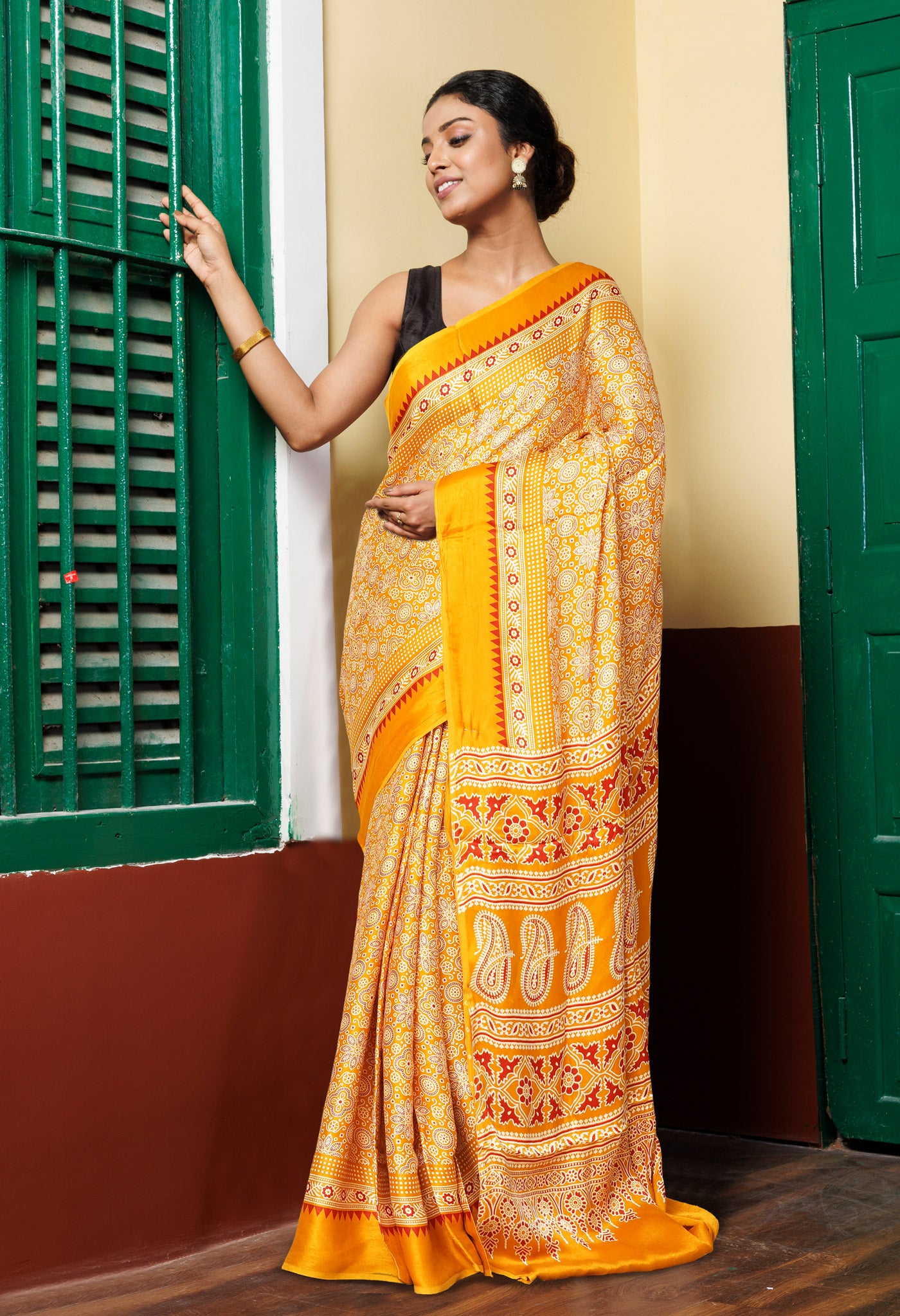 Yellow Pure Ajrakh Printed Gaji Soft Silk Saree-UNM80867