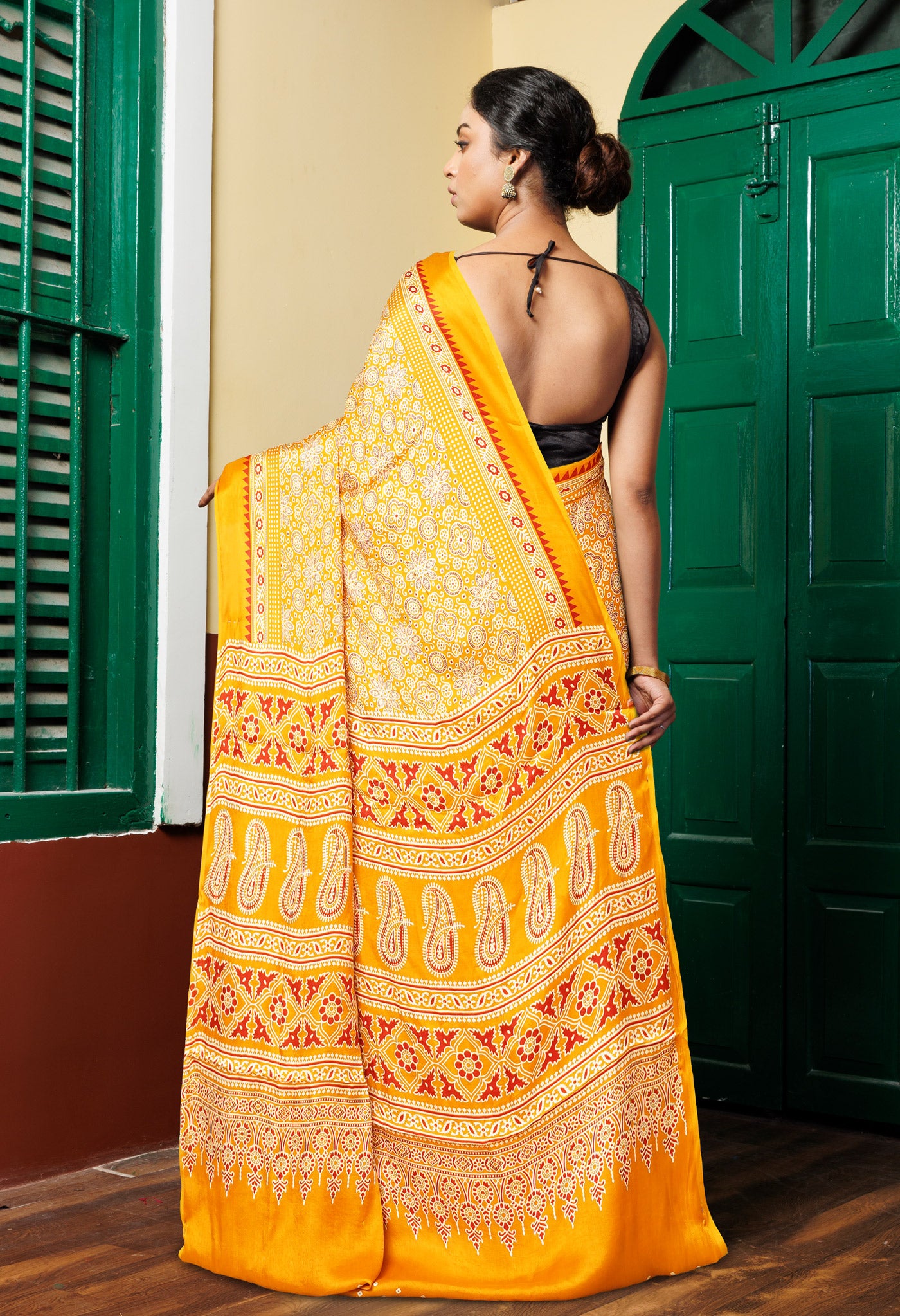 Yellow Pure Ajrakh Printed Gaji Soft Silk Saree-UNM80867