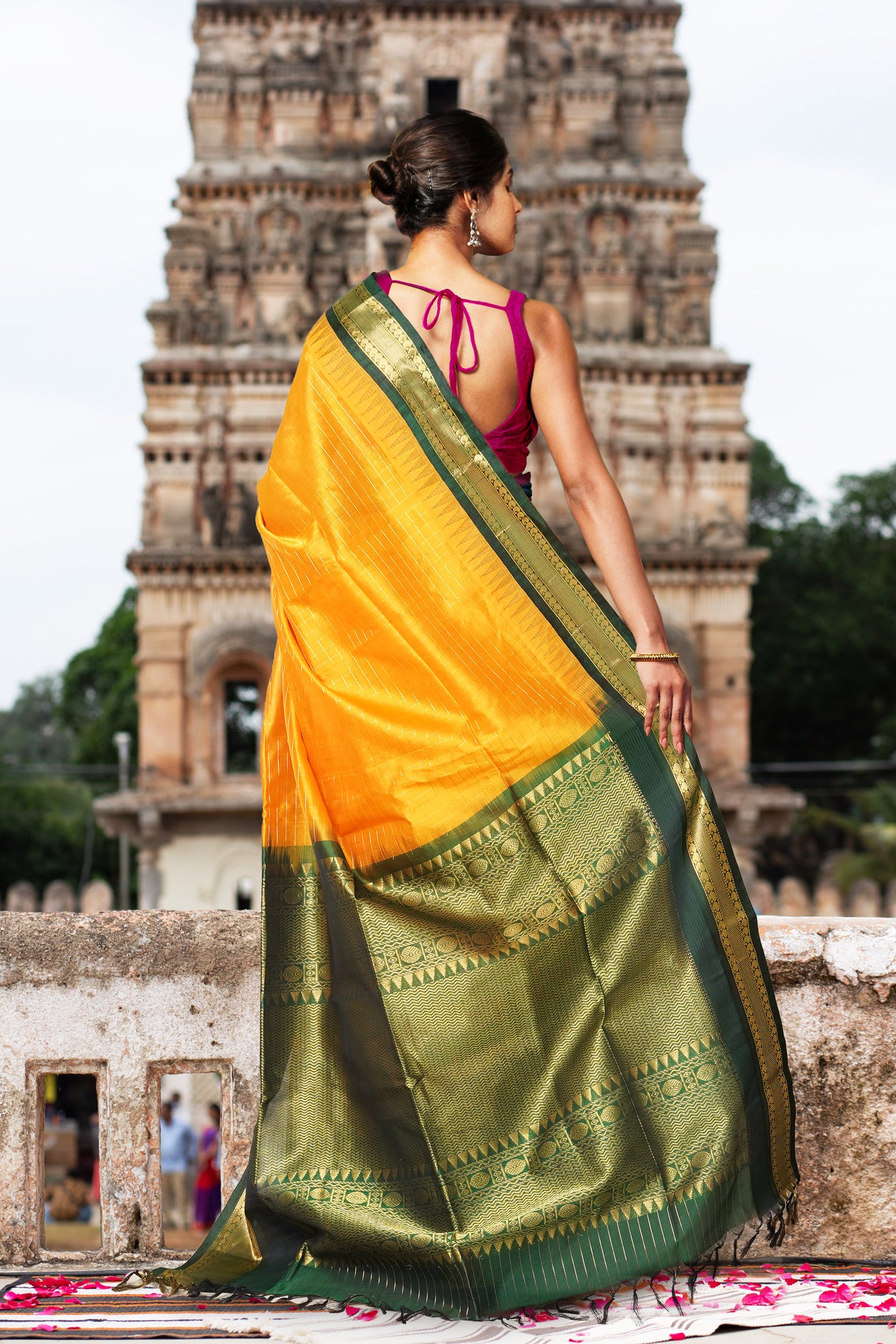 Turmeric Yellow-Dark Green Pure Handloom Assam Sico Saree-UNM80875